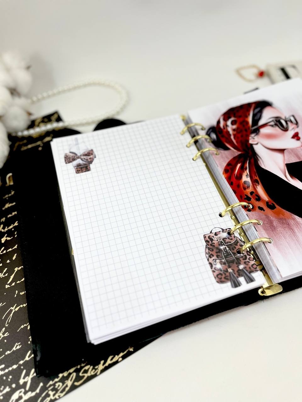 Midnight Luxe: Black & Gold A5 Leather Binder. Cat leather planner A5. Gift A5.