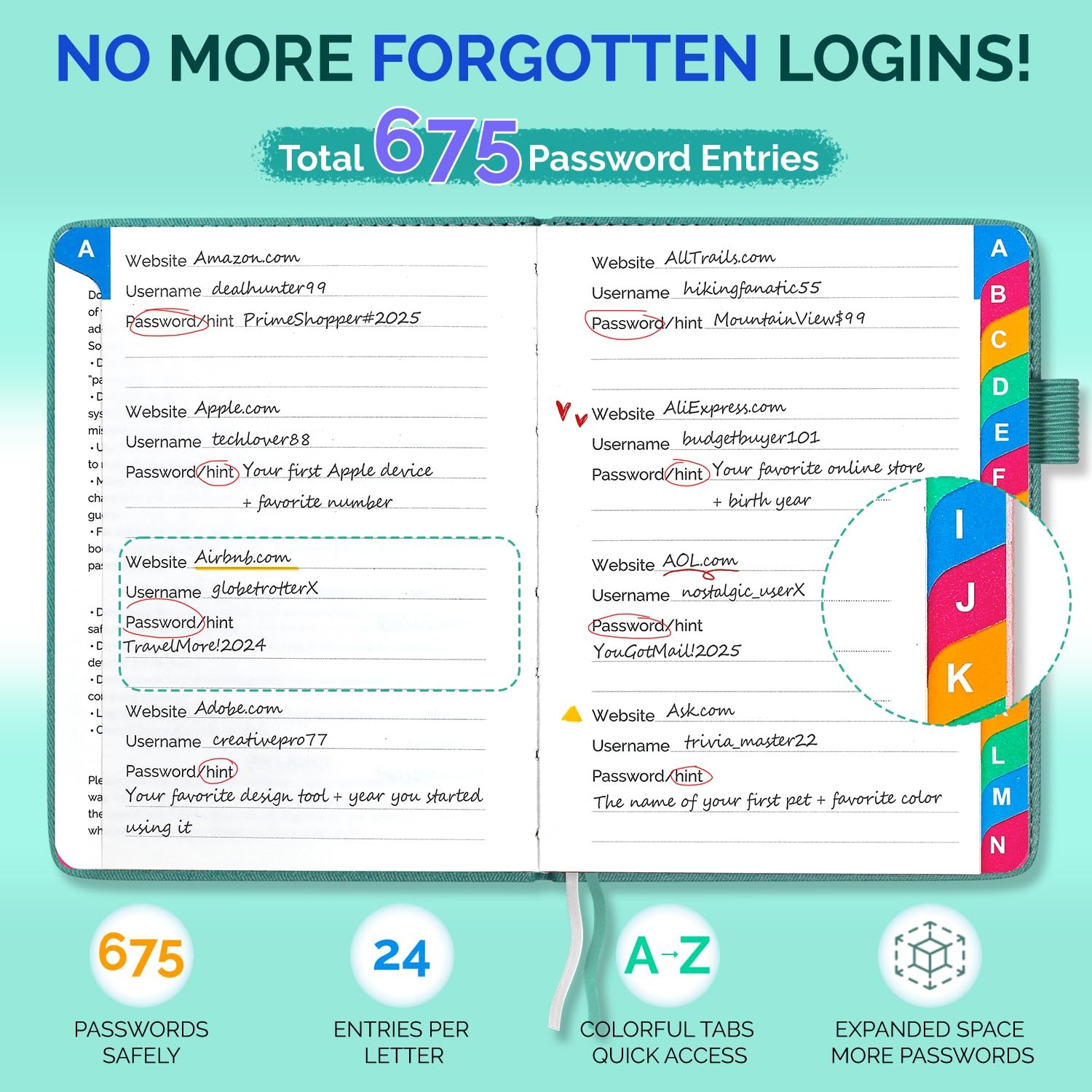 Password Keeper Book with Colorful Alphabetical Tabs, Small Internet Password
