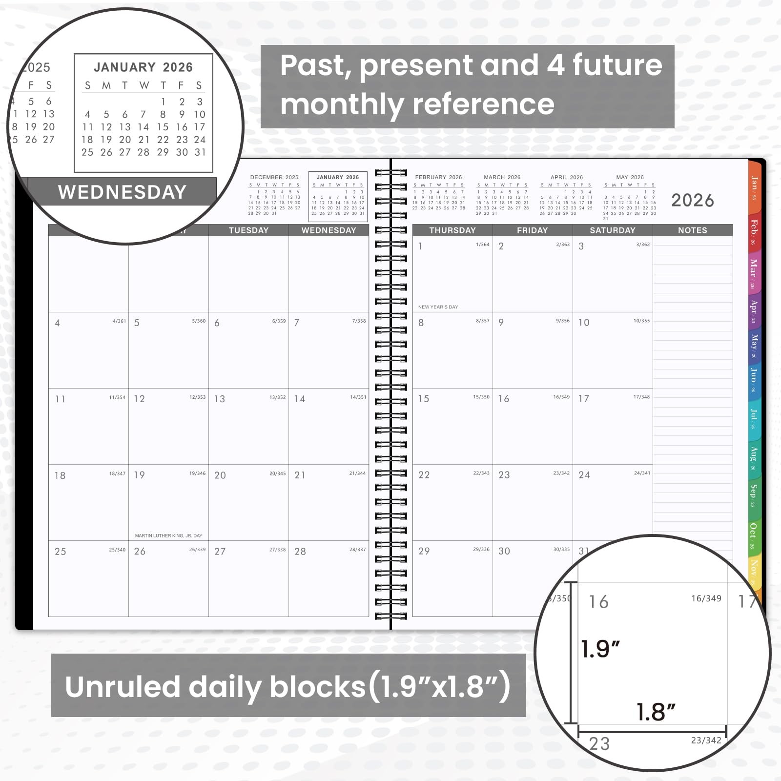 12 Month Planner 2026, Jan Dec Calendar With Tabs, Contacts, Black