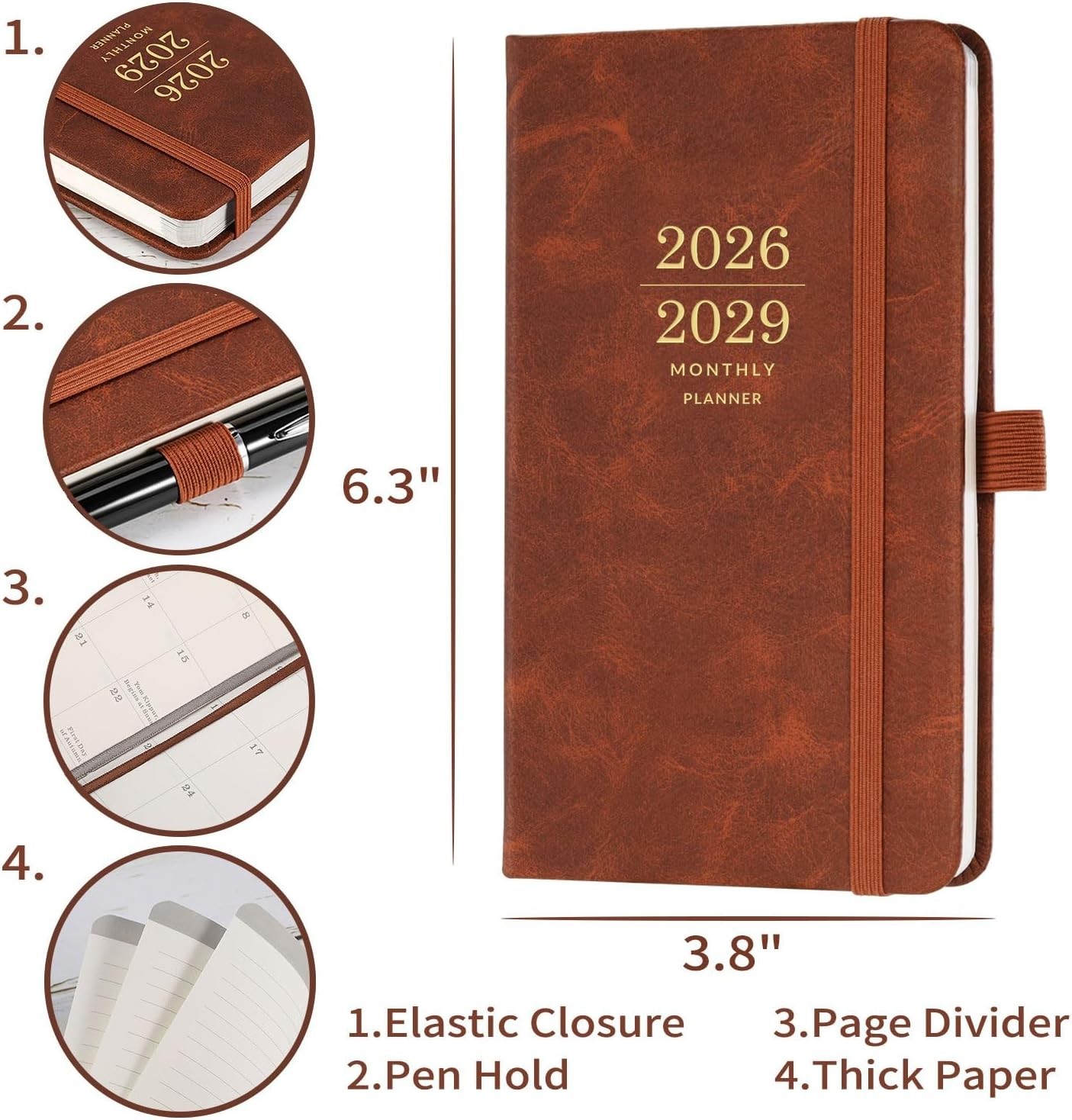 Elegant 2026-2029 Monthly Planner – Portable Faux Leather Organizer, 3.8″ x 6.3″