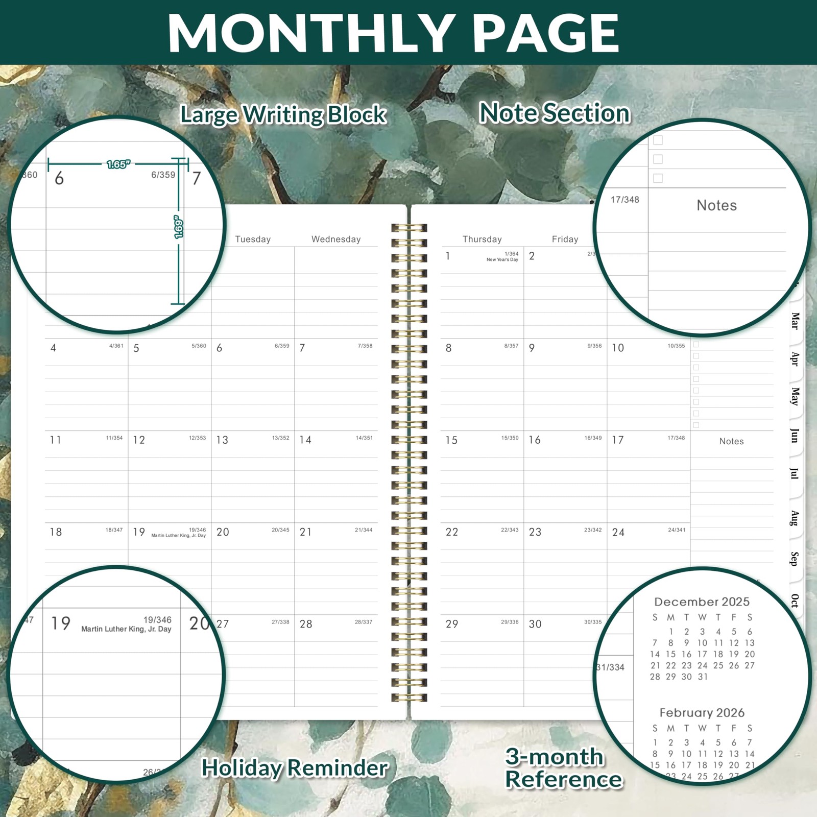 2026 Weekly & Monthly Planner, 9″x11″, Jan-Dec, Tabs, Pocket, Twin-wire Binding