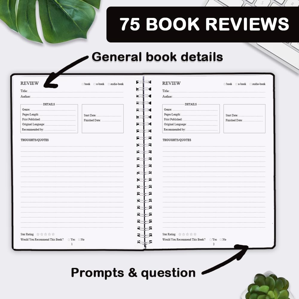 Black Reading Journal 72 Book Reviews Log Notebook Back Pocket 5.8×8.3 Inch