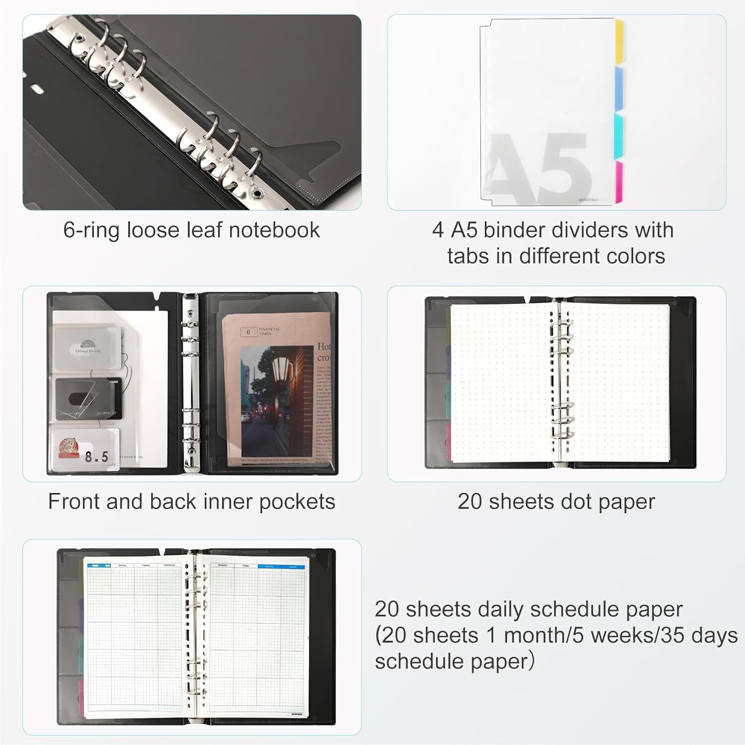CAGIE A5 Binder 6 Ring Notebook with Dividers Daily&Dot Page, Grey