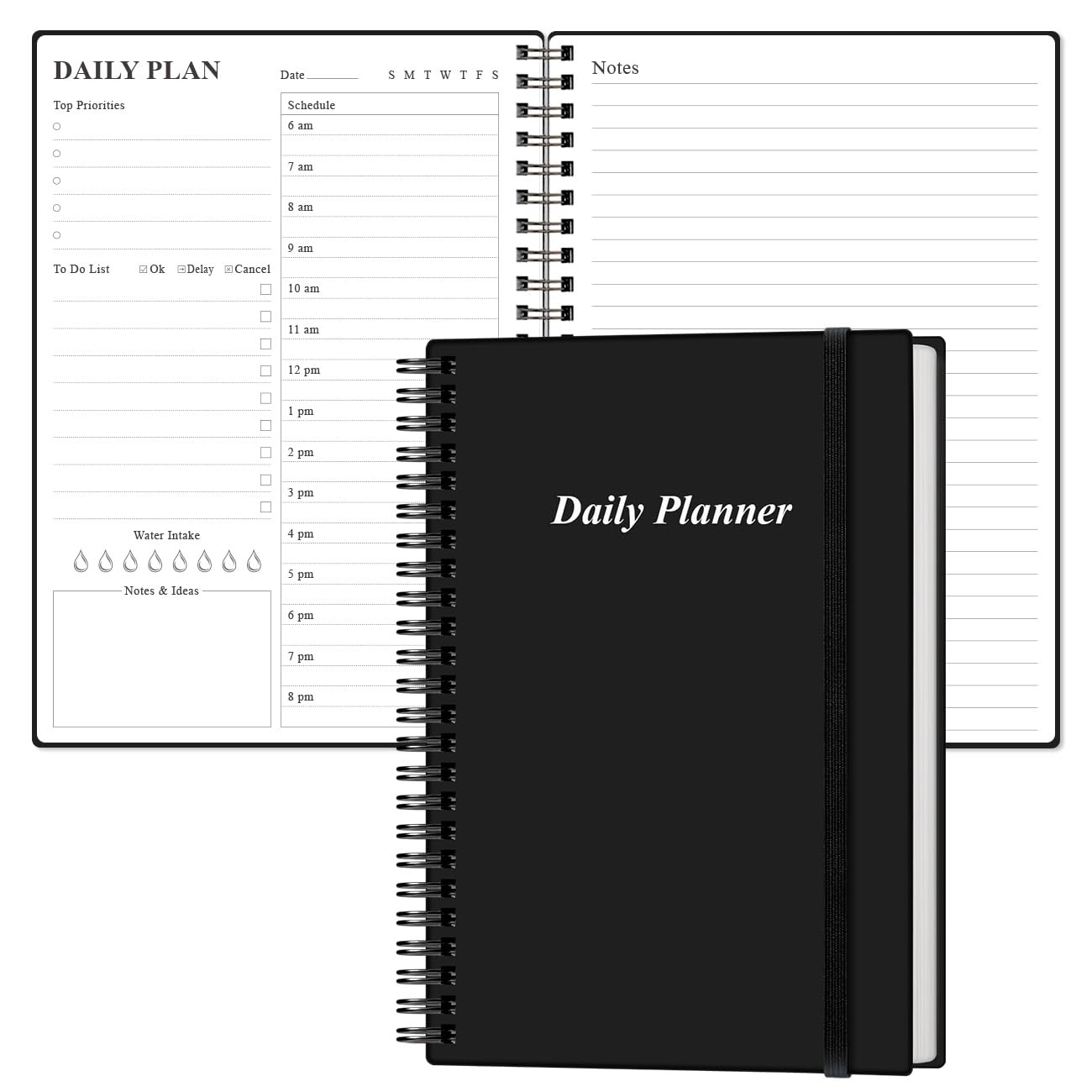 Daily Planner Undated – A5 To Do List Notebook Hourly 5.8″ x 8.5″, Black