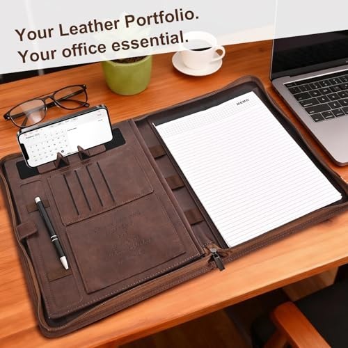 Men’s Leather Portfolio with Laptop Pocket, Zippered Padfolio Binder, Business O