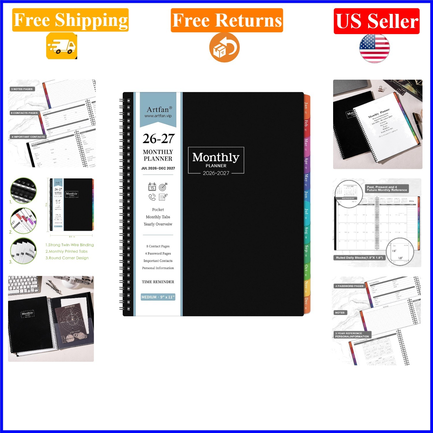 Monthly Planner 2026-2027 Jul 2026-Dec 2027, 8.5×11, Black, Thick Paper, Pocket