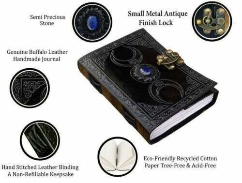 6 x 8 Leather Journal Notebook Pack 2 Black Triple Moon Deckle & blank Paper