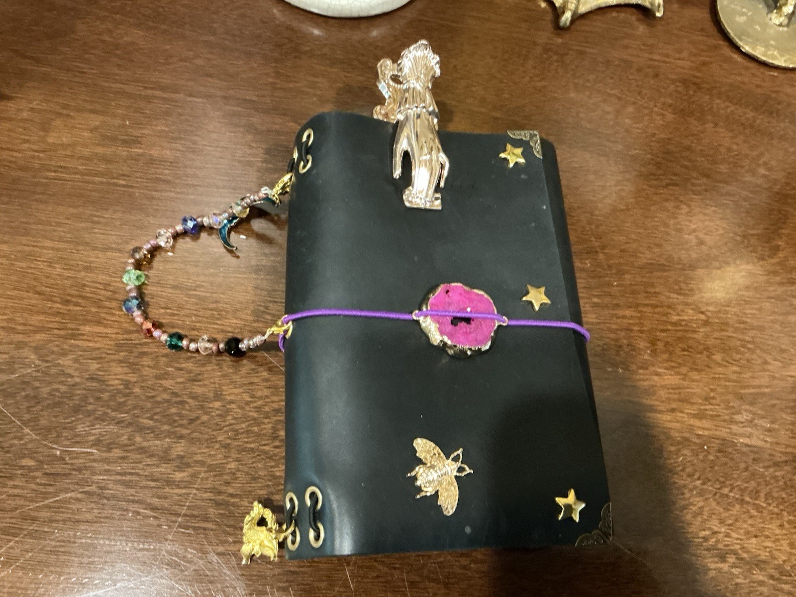 NEW Handmade Journal A6 Gold Hardware Purple Cord, pink druzy quartz charm