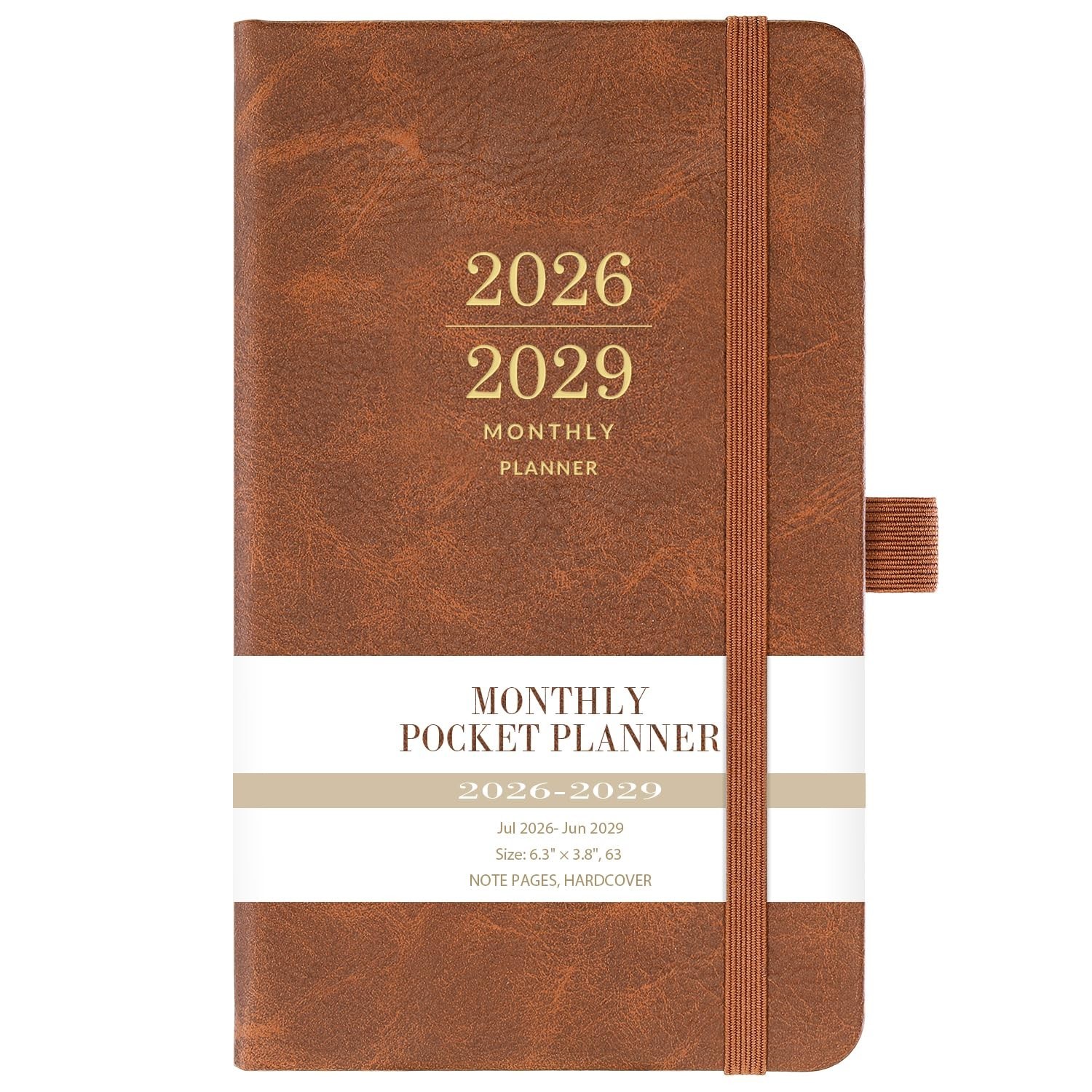 3-Year Monthly Pocket Planner 2026-2029, Faux Leather, 3.8″x6.3″, Pen Holder, 2