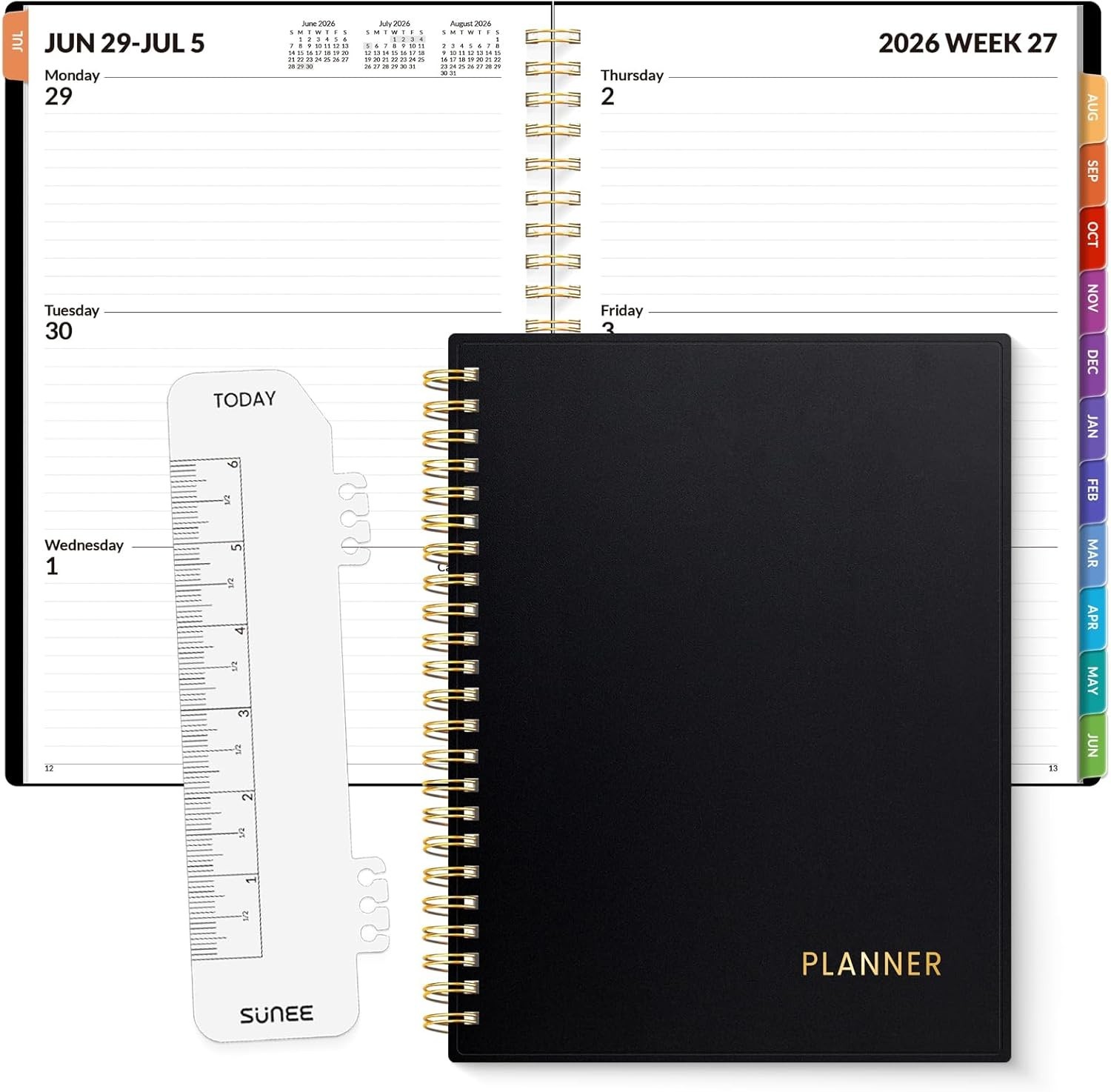 Portable 2026-2027 Weekly & Monthly Academic Planner: Black with Rainbow Accents