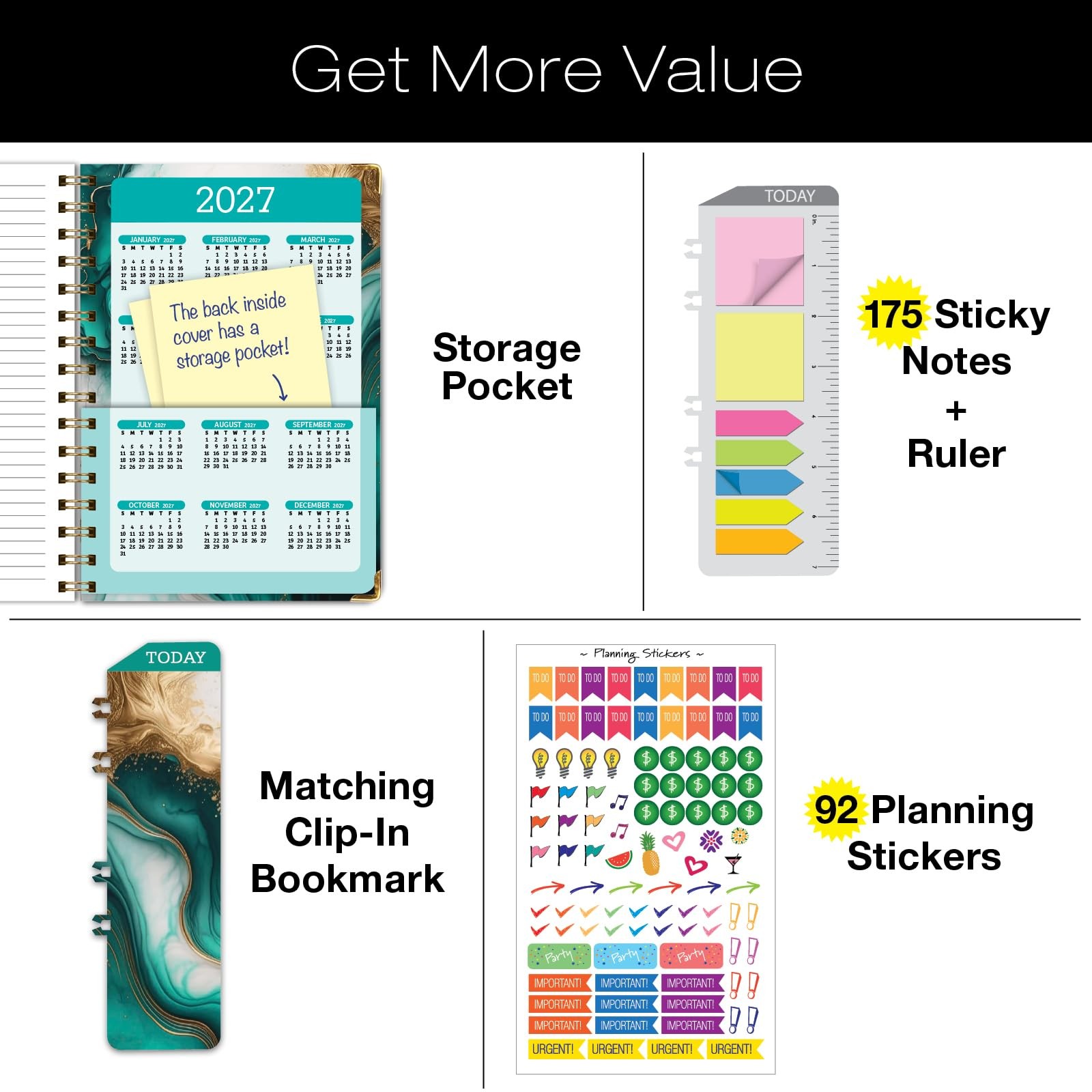 HARDCOVER Academic Year 2026-2027 Planner: 14 5.5″ x 8″, Teal Gold Marble