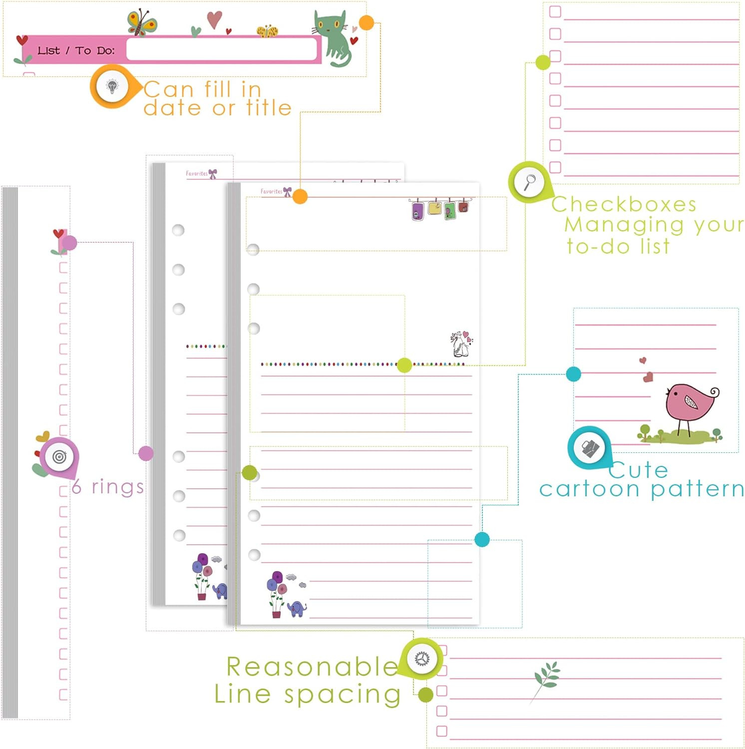 A6 Planner Inserts to Do List, 90 Pages Colorful 6-Ring Loose-Leaf Planner Refil