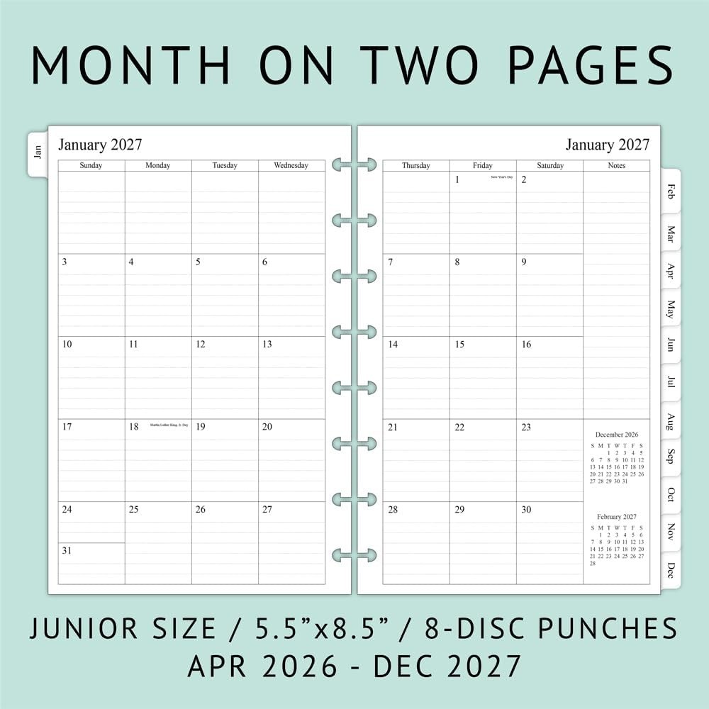 2026-2027 Monthly Planner Refill for 8-Discbound Notebook, Two Pages Per , Ju…