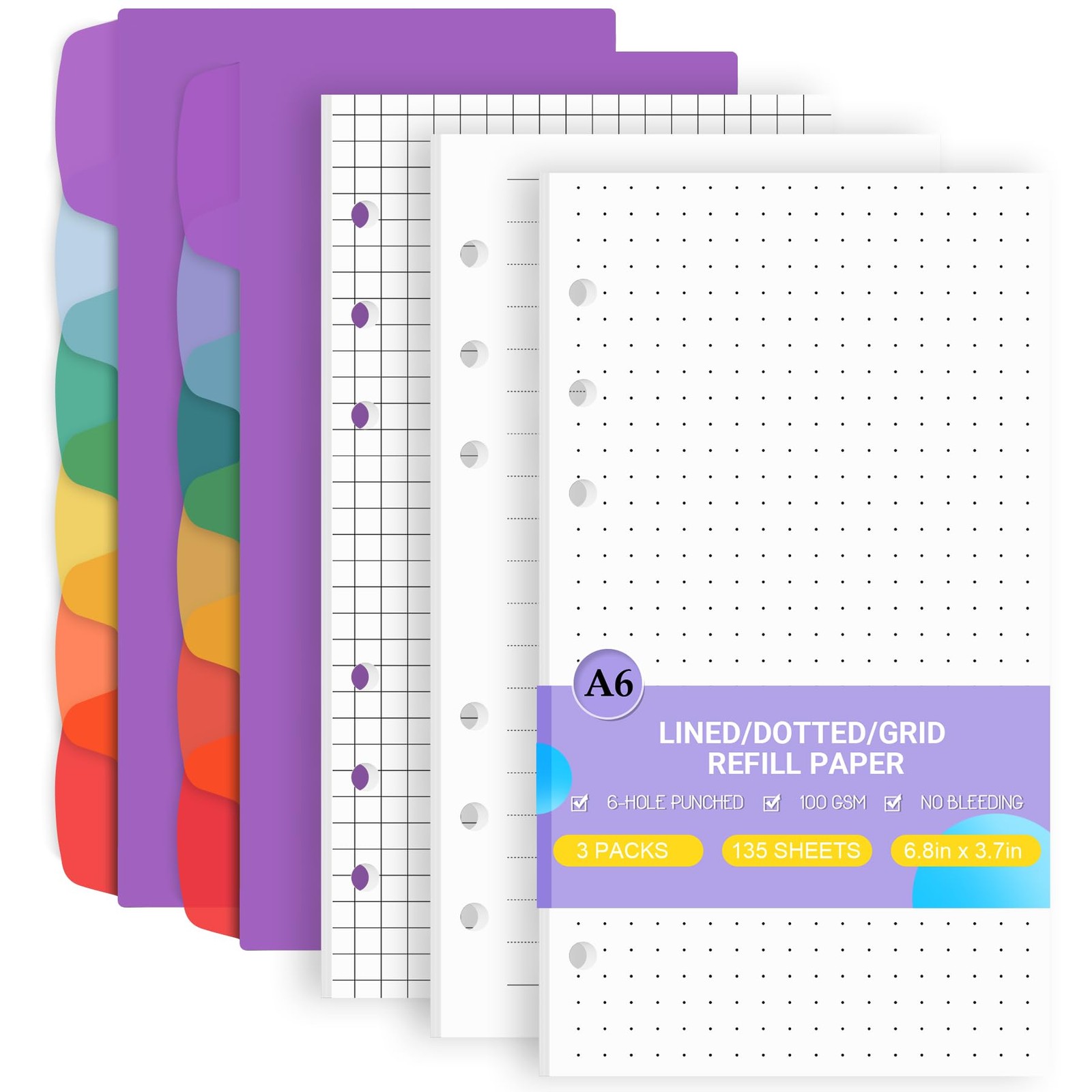 Antner A6 Planner Inserts 6-Hole Lined/Dotted/Grid Refill Paper for A6 6-Ring…