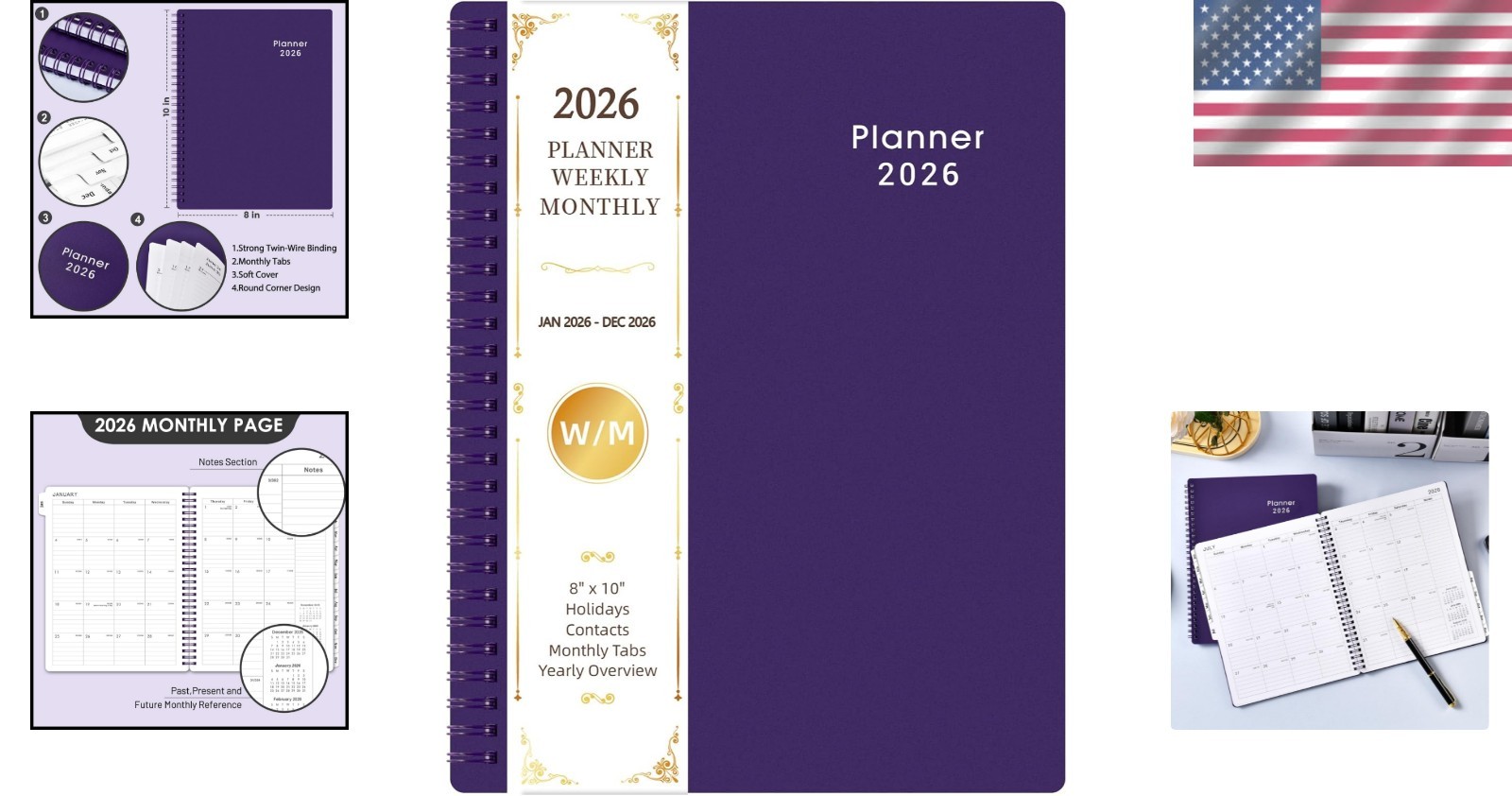 Elegant 2026 Planner – Weekly & Monthly Calendar with Waterproof Cover, 8”x10”