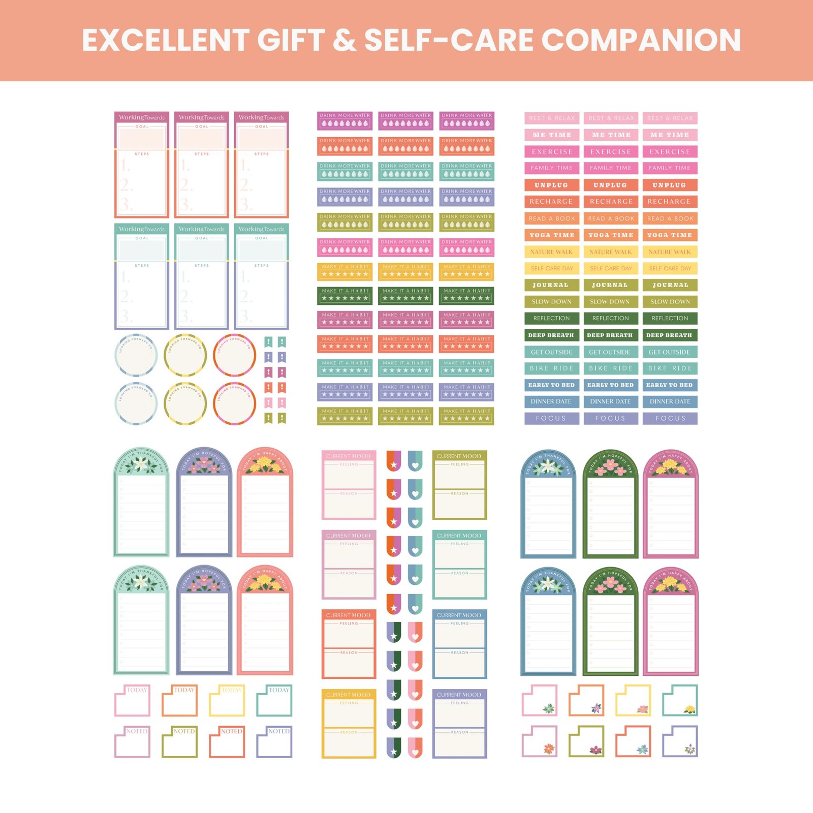 Wellness Sticker Book for Planners — 25 Sheets, 550+ Size: 9.5″ x 5.5″, Pink