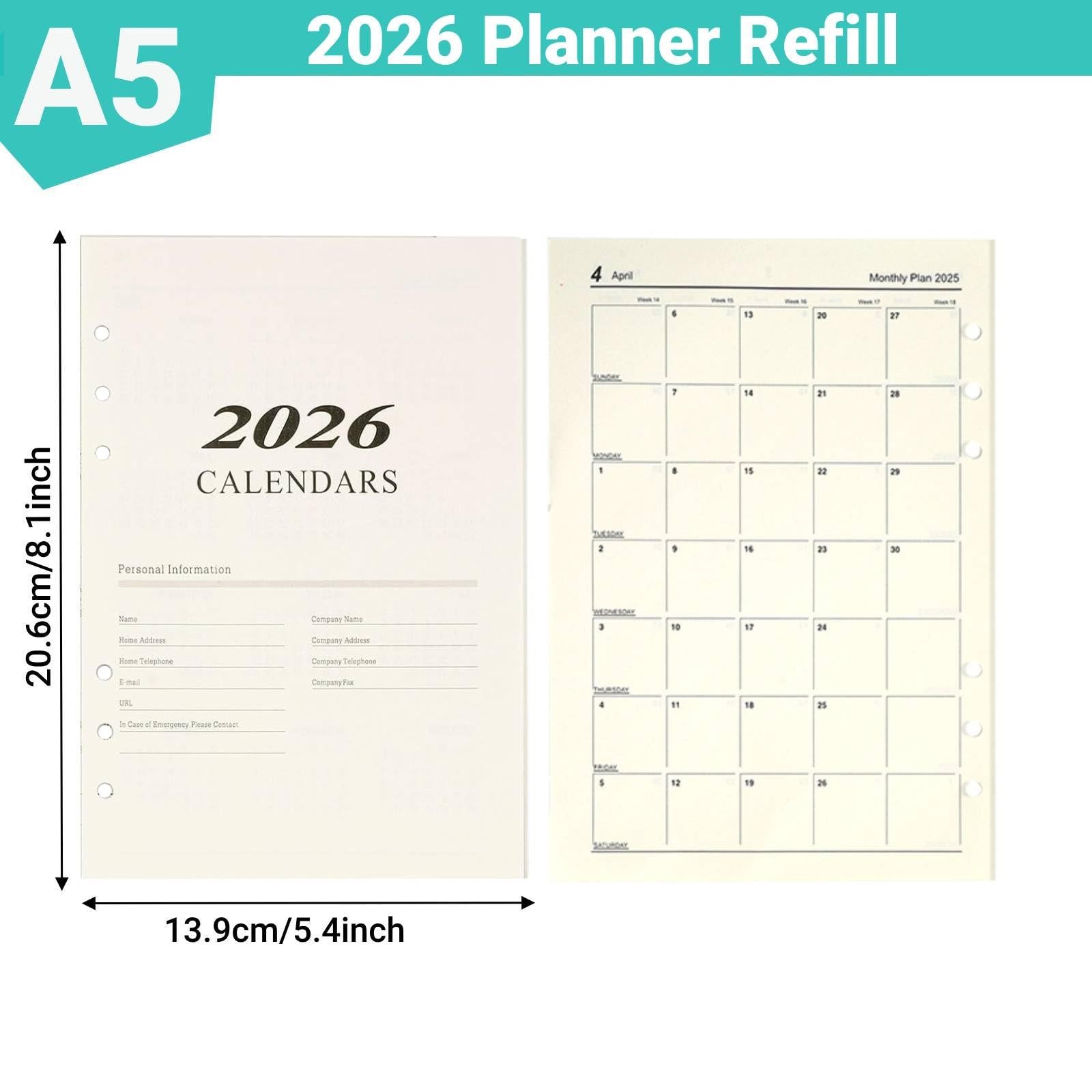 2026 A5 Weekly & Monthly Planner Binder Refill, 5.8″x8.3″ 176 A5, Beige-2026