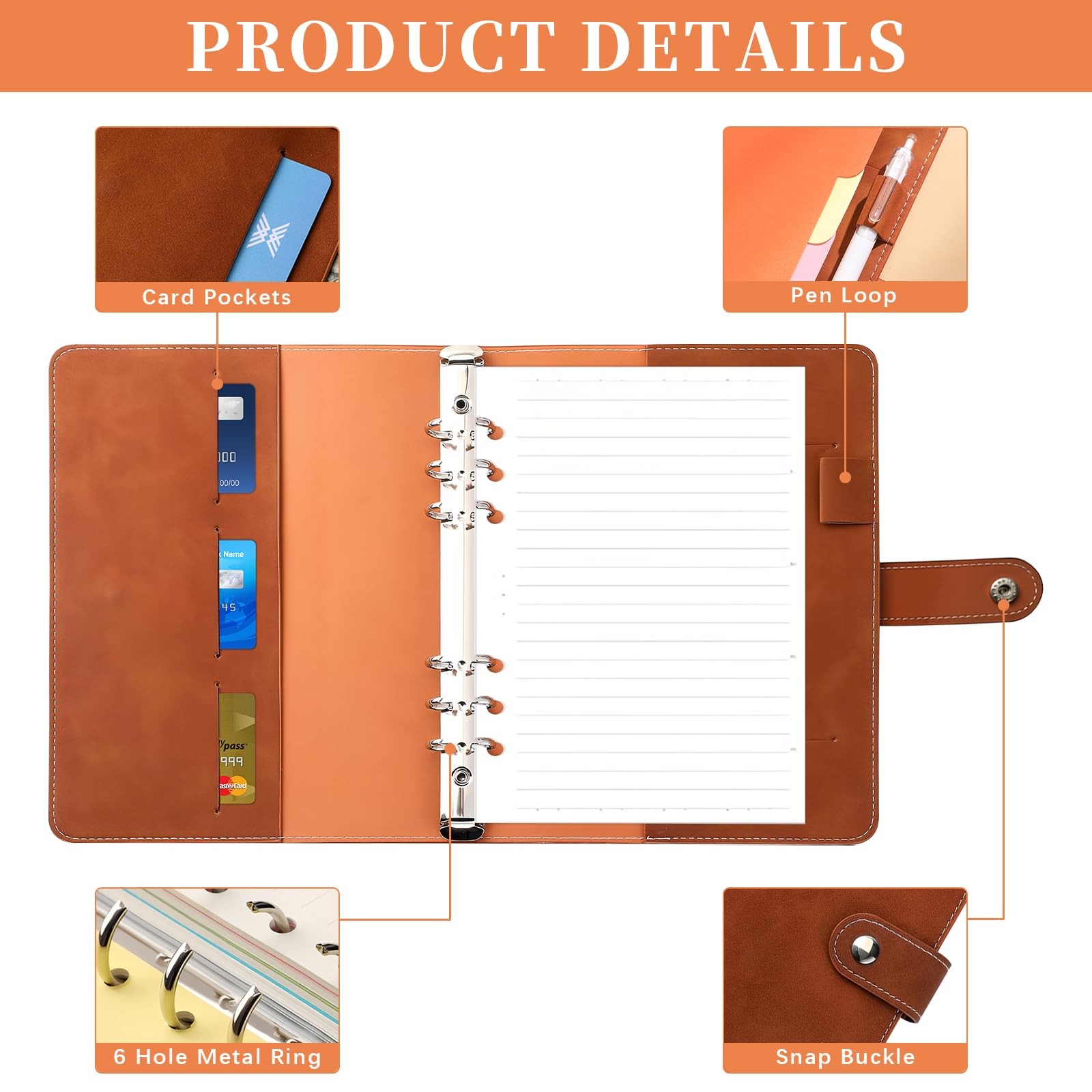 Acuxiaza A5 Binder 6 Ring Refillable Planner Notebook, PU Leather Brown