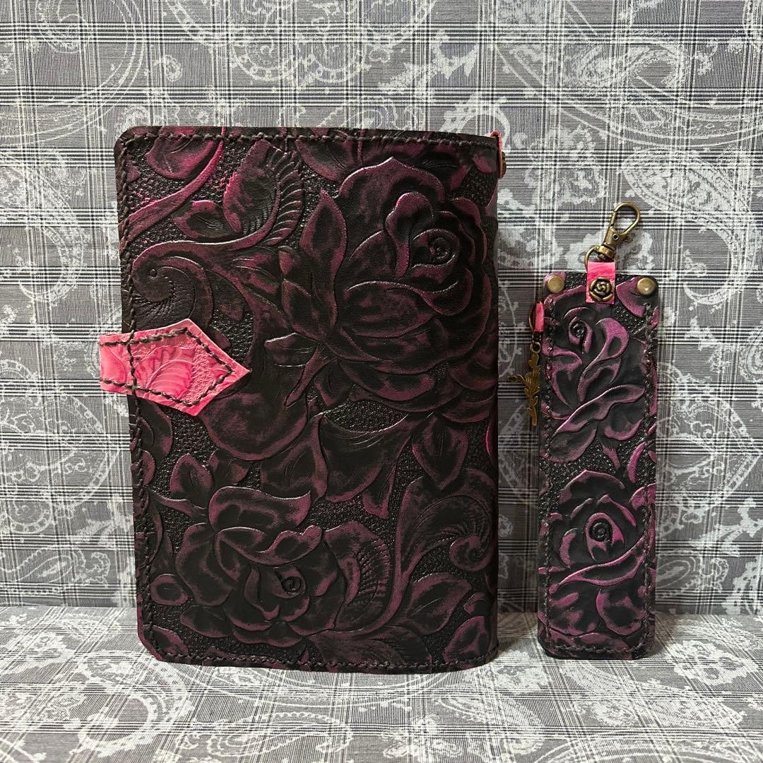 Genuine Leather B6 Notebook Cover Pen Case Pink Sparkly Black Used