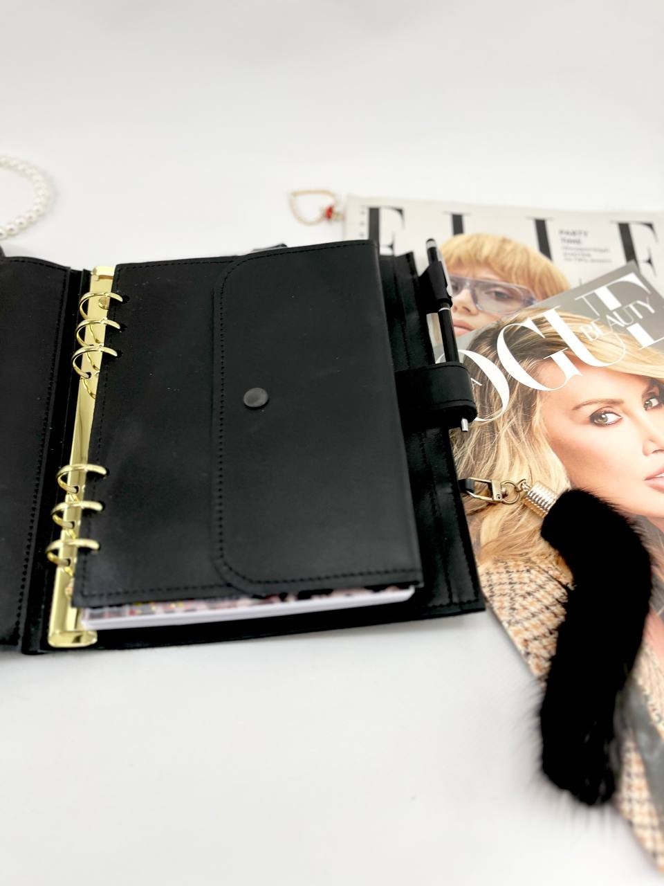 Midnight Luxe: Black & Gold A5 Leather Binder. Cat leather planner A5. Gift A5.
