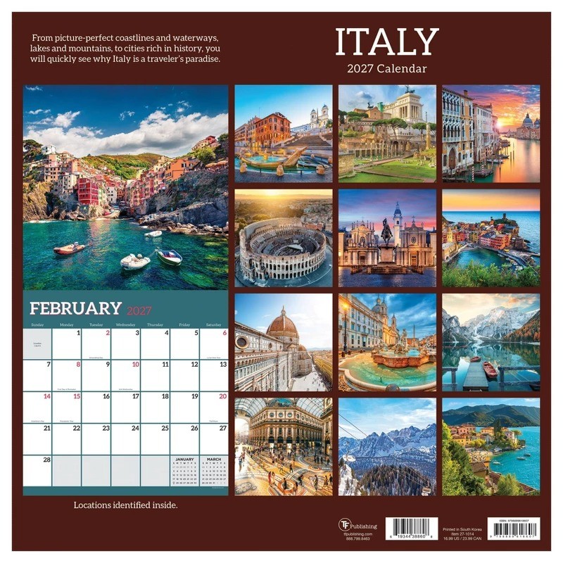 2027 Italy Wall Calendar 12×12 Inches FSC Certified Paper