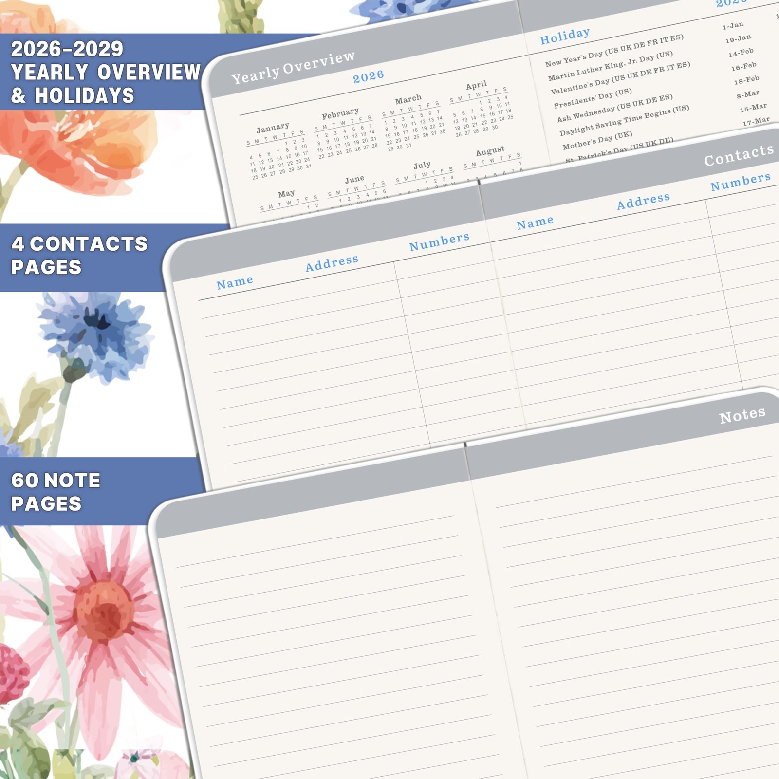 3 YEAR POCKET CALENDAR PLANNER 2026–2029 SMALL MONTHLY NOTEBOOK TRAVEL SIZE