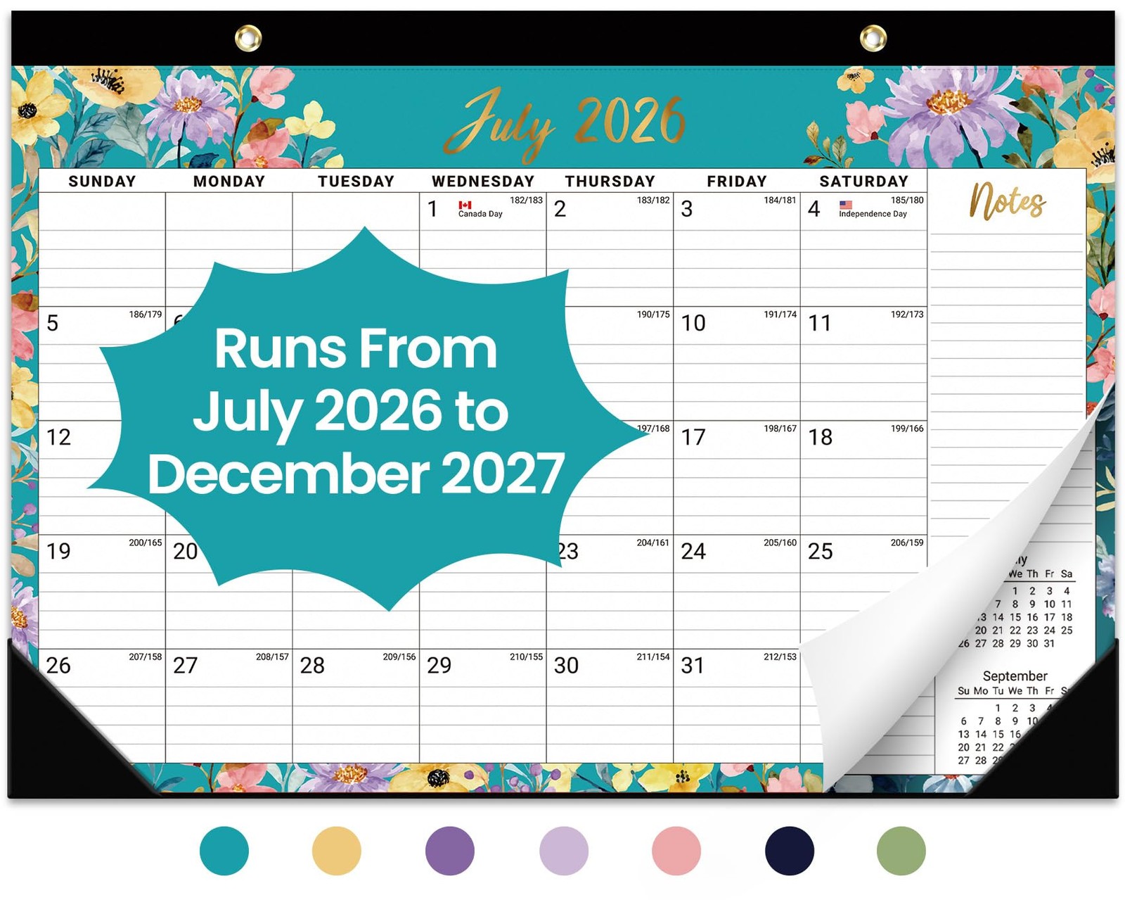 Desk Calendar 2026-2027, 18-Month Runs Jul 2026 – Dec 2027, a-Floral