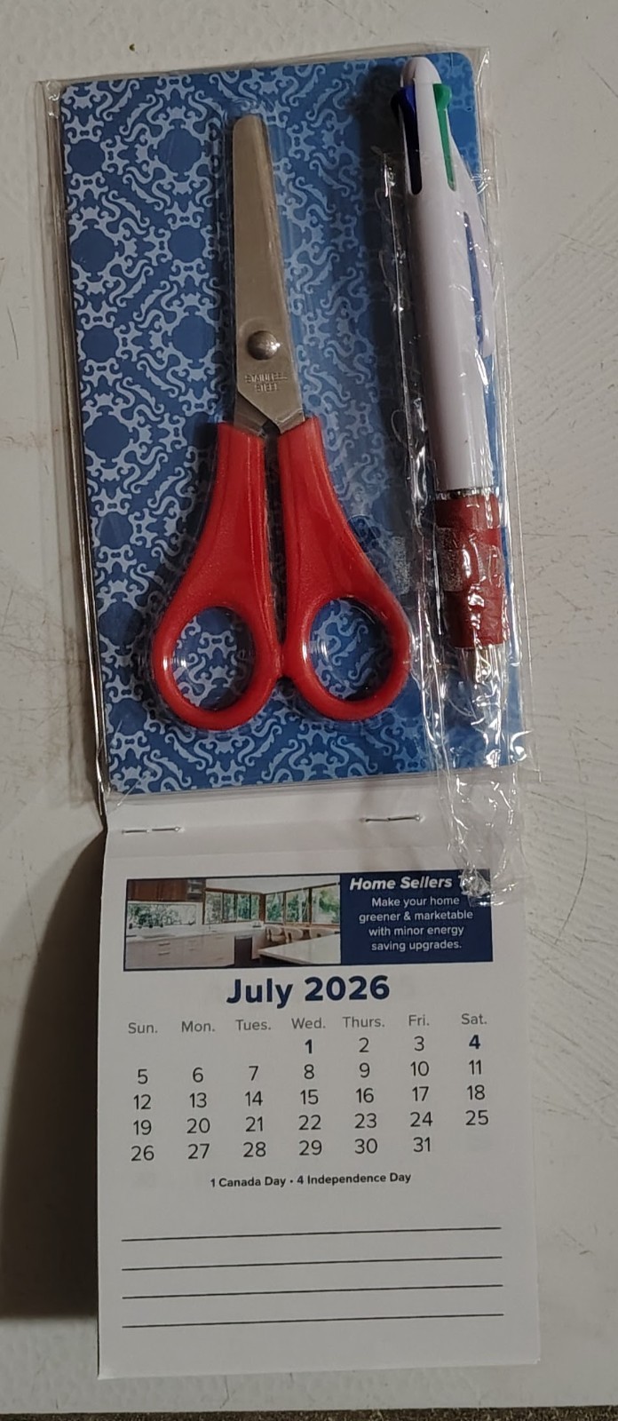 1 mini Pocket Calendar; 1 Scissor & (1) 4 Colors (Black, red, green & blue) Pen
