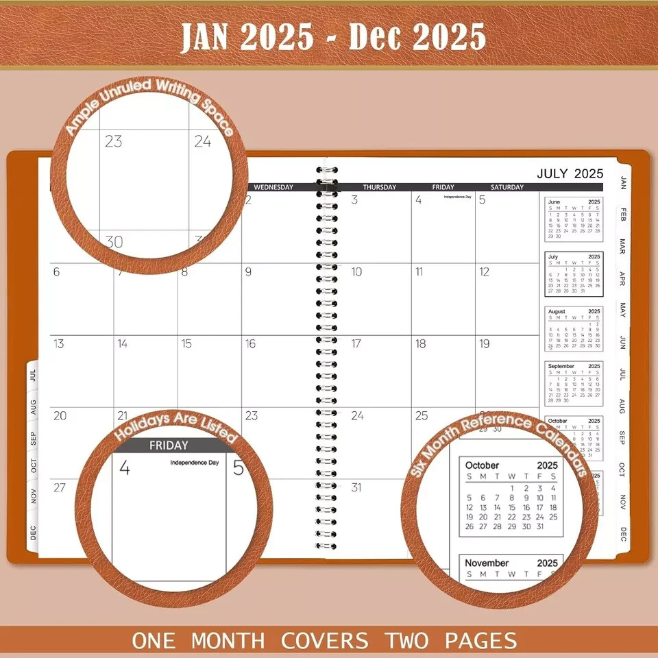 Monthly Planner Jan-Dec 2025 Twin-Wire Organizer Leather Cover Planner, Brown