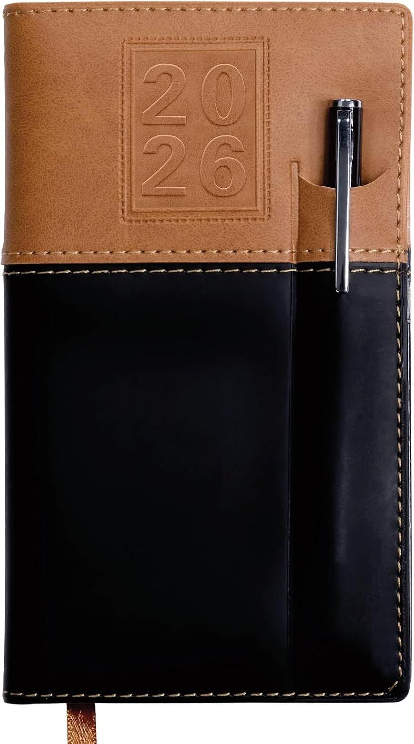 2026 Pocket Planner with Pen 3.5″x6″ 14 Month Weekly Monthly Brown Black