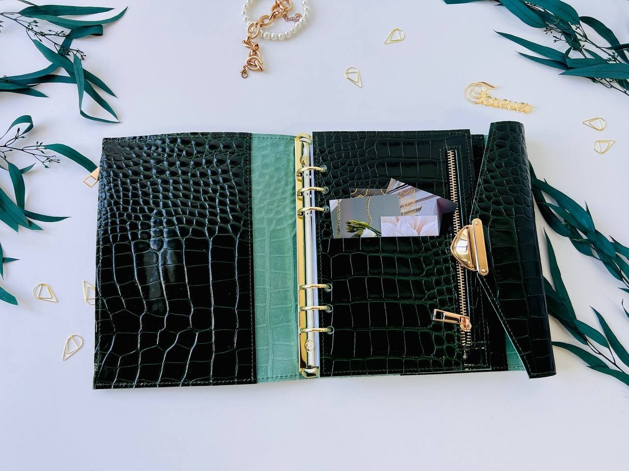 Green Genuine Leather Organizer – Croc Print notebook