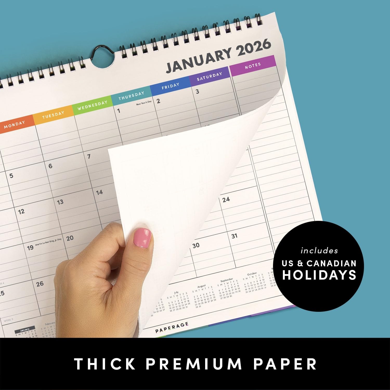 PAPERAGE 2026 Calendar, 12 Months (January 2026 – Small 2026, Rainbow