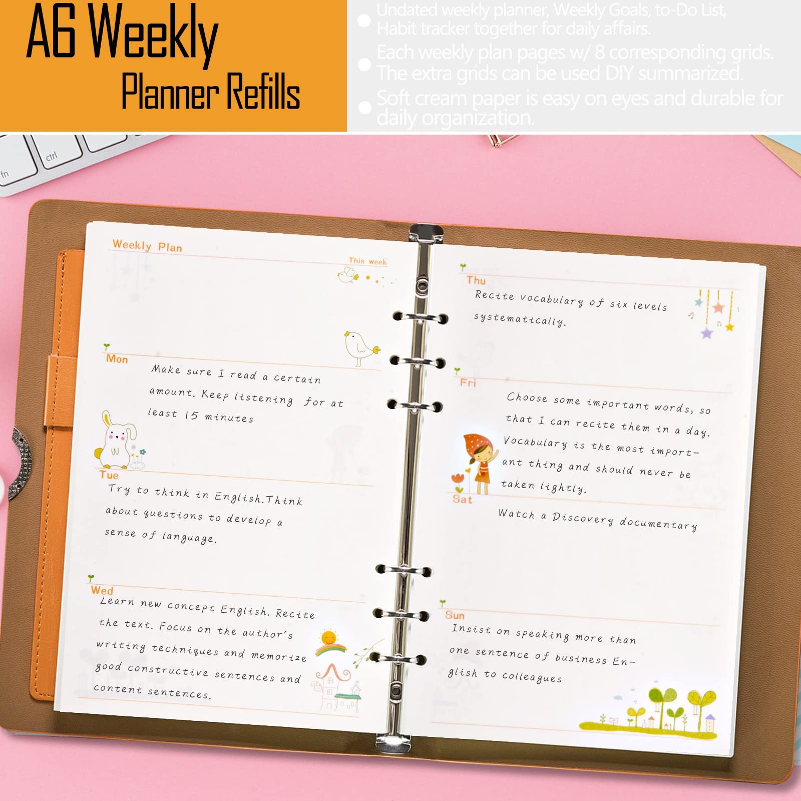 A6 Planner Inserts Weekly Planner Refills, 90 Pages Colorful 6-Ring Loose-lea…