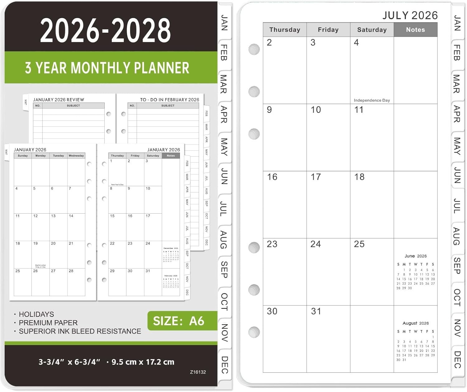 Monthly Planner Refill Inserts, 6-Hole Punched, 3-3/4″ X 6-3/4″, 2026-2028′
