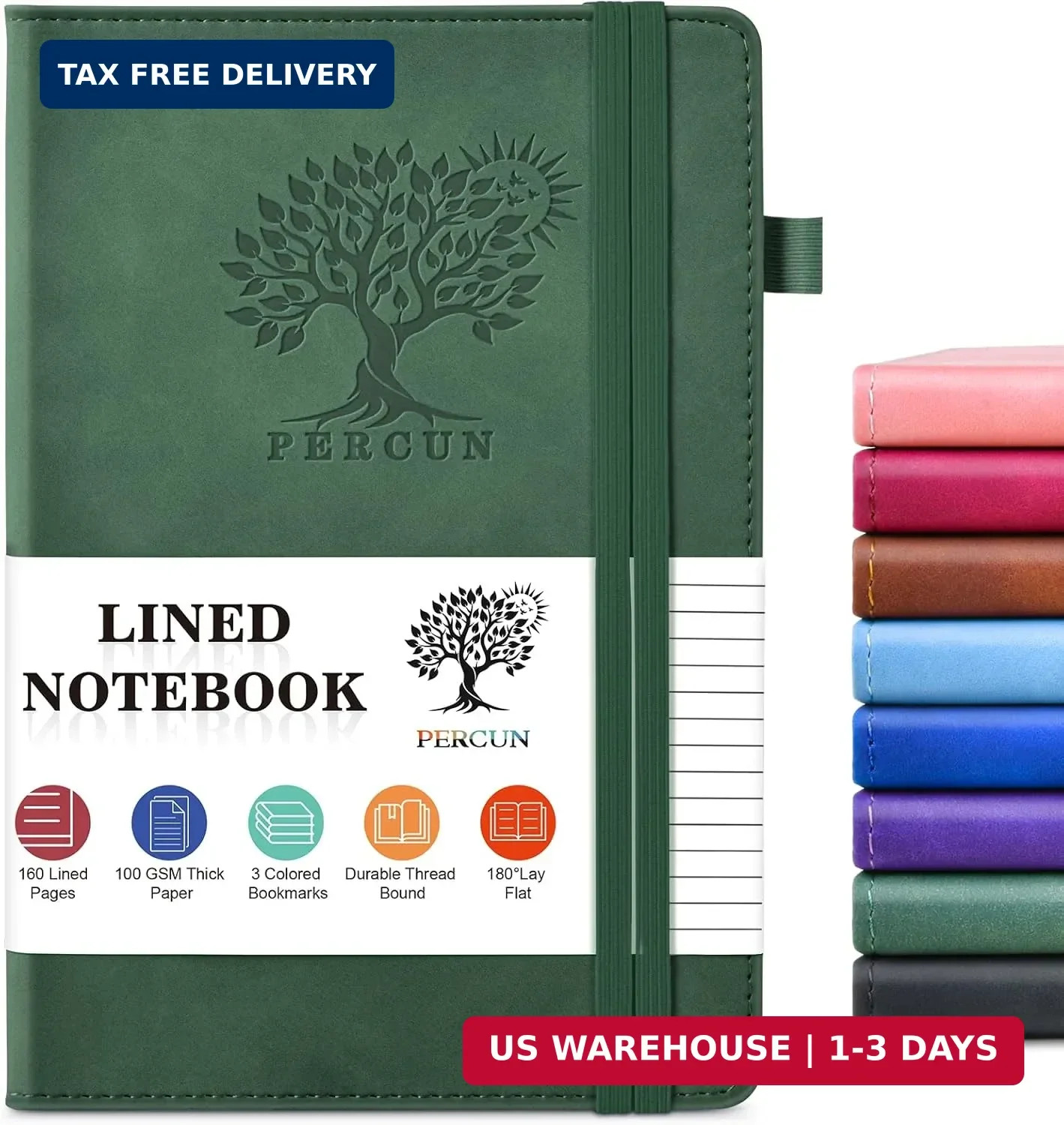 PERCUN A5 Leather Notebook Journal, 160 Lined Pages, 5.9″ x 8.5″ Green | Leather