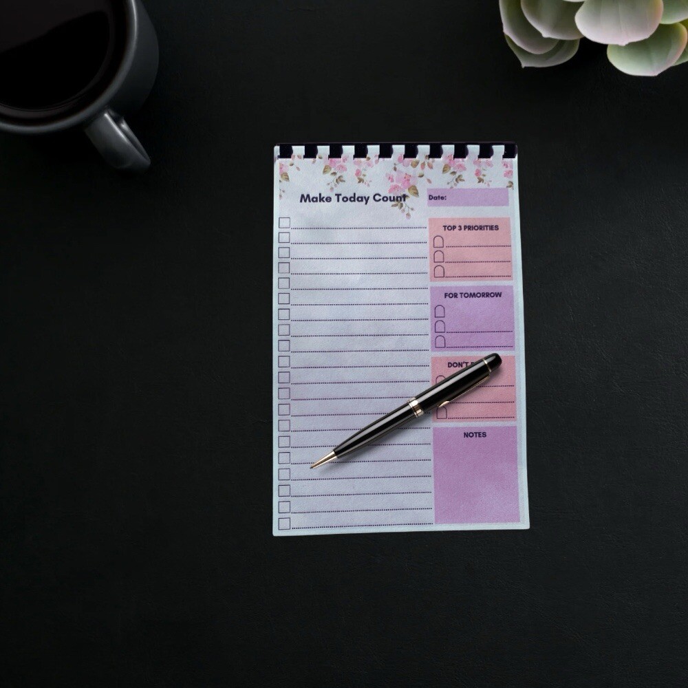 Floral Daily Planner Notepad, 5.5×8.5 Inches, 50 Pages, Productivity Checklist