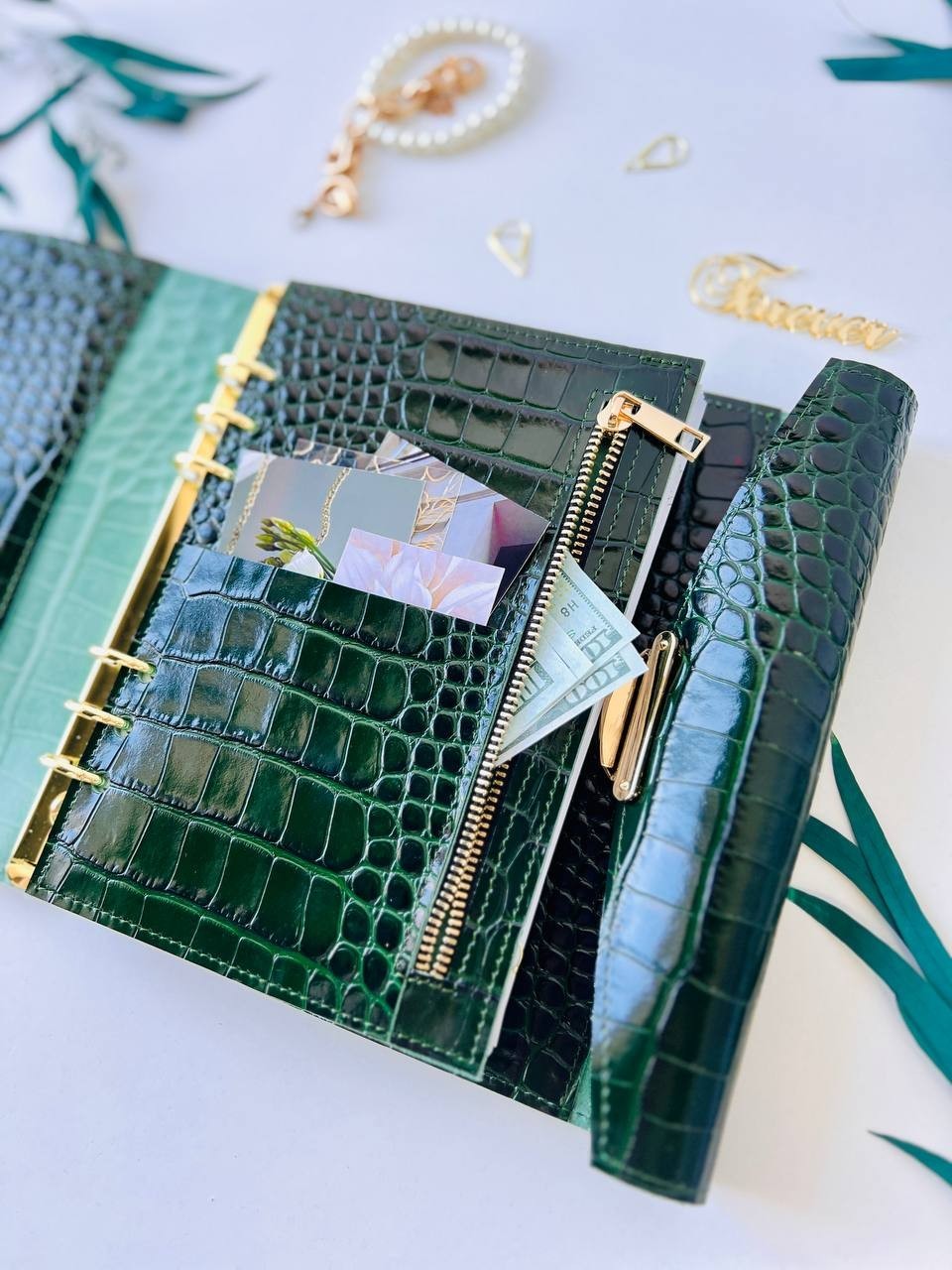 Green Genuine Leather Organizer – Croc Print notebook