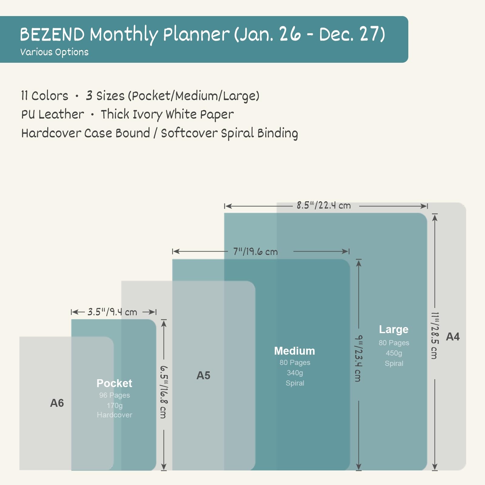 Pocket Monthly Planner 2026-2027 3.5×6.5 Vegan Leather Hardcover Purse Calendar