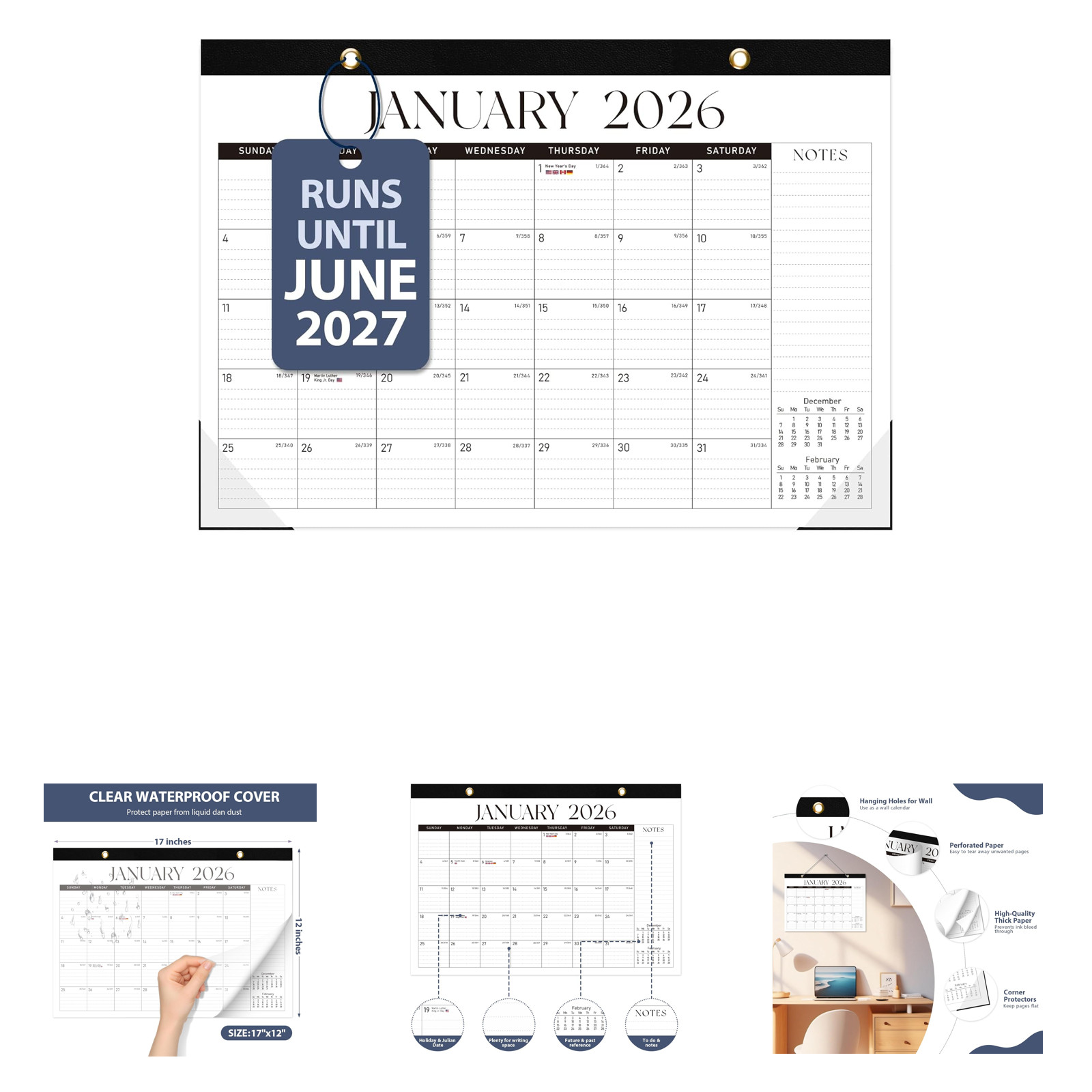Desk Calendar 2026 Large Wooden Cover 17 x 12 Inches Monthly Wall Office School