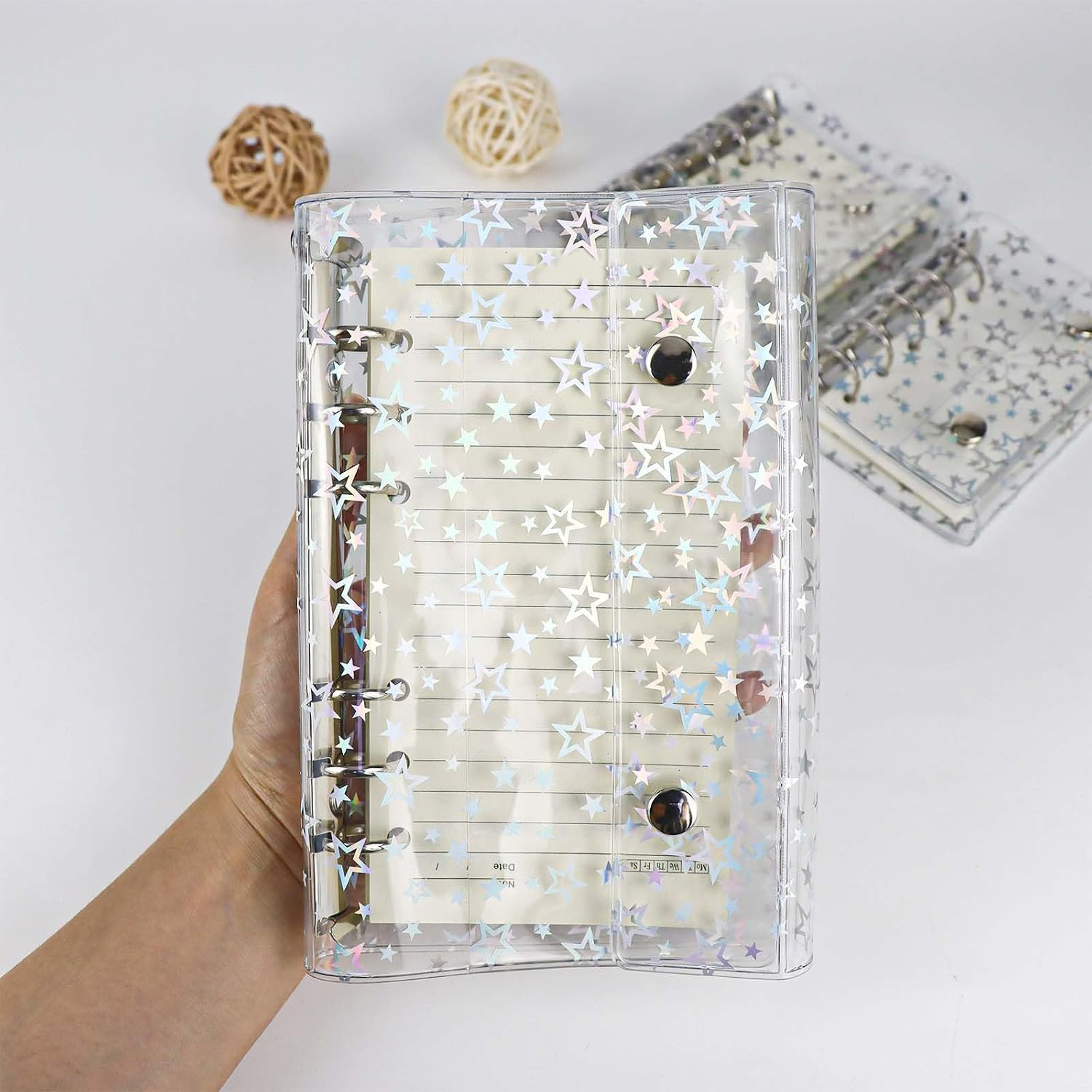 A6 Budget Binder Cover Clear PVC 6 Ring Binder Glitter Star Refillable Notebo…