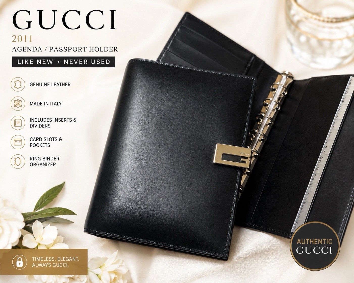 Gucci 2011 Leather Pocket Ring Binder Organizer Agenda/Passport Holder