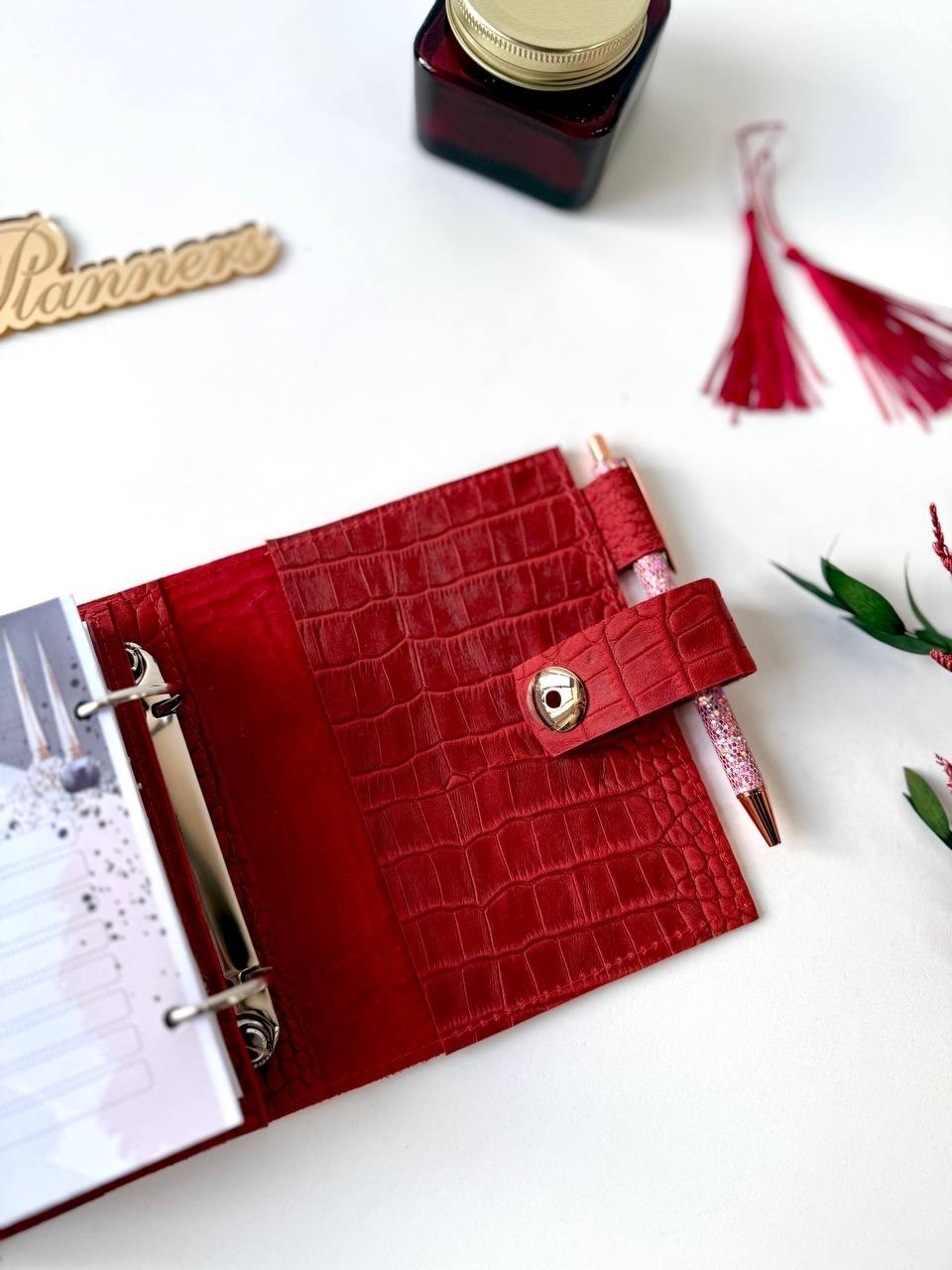 Mini red leather notebook-wallet cover A7 Big rings mini wallet. Mini Planner.