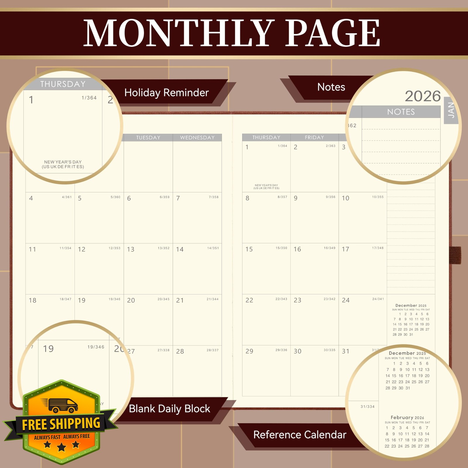 Vondafe 2026 Planner Brown Leather Hardcover