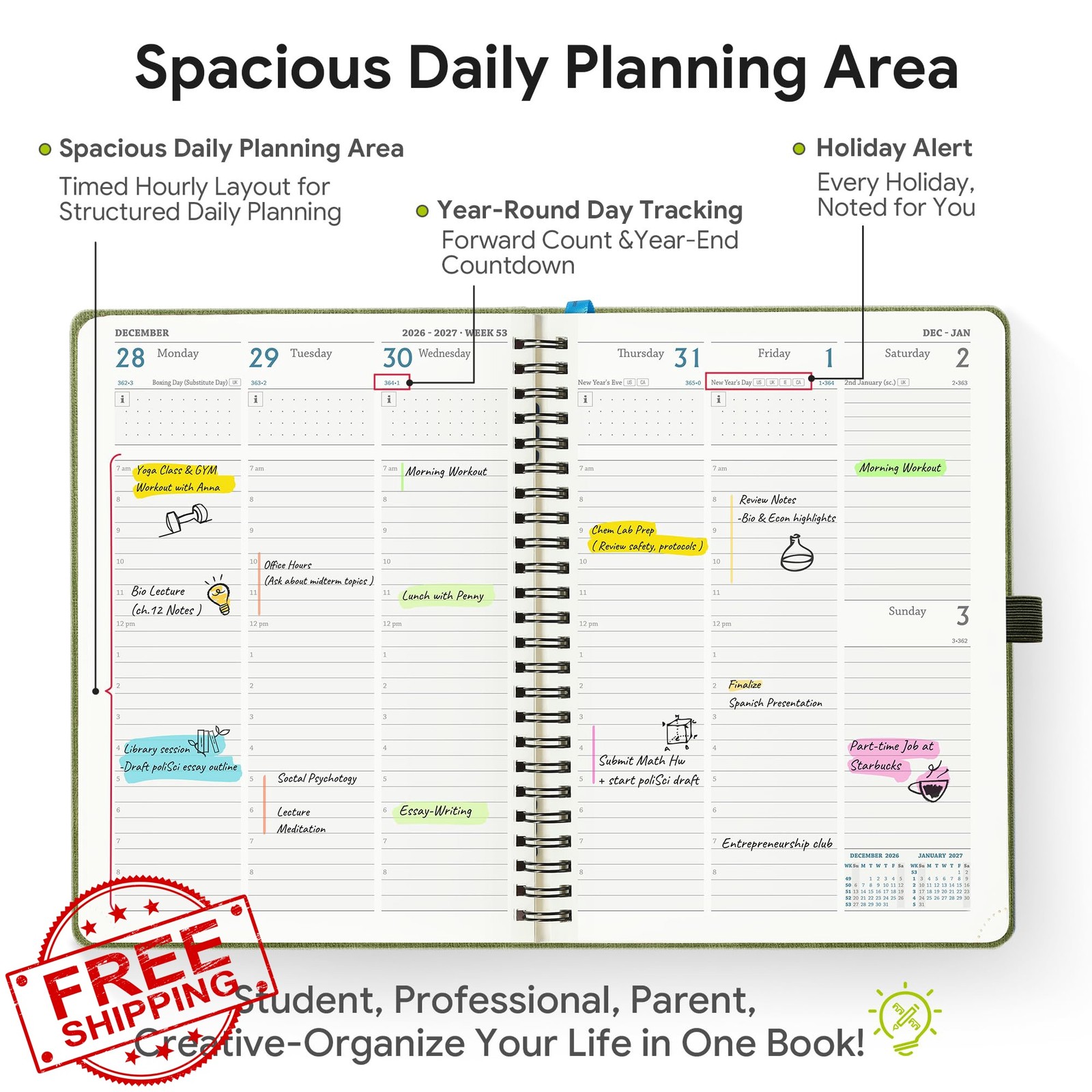 IN-LUXPRO 2026-2027 Planner Green 6.5″x8.5″ Vegan Leather