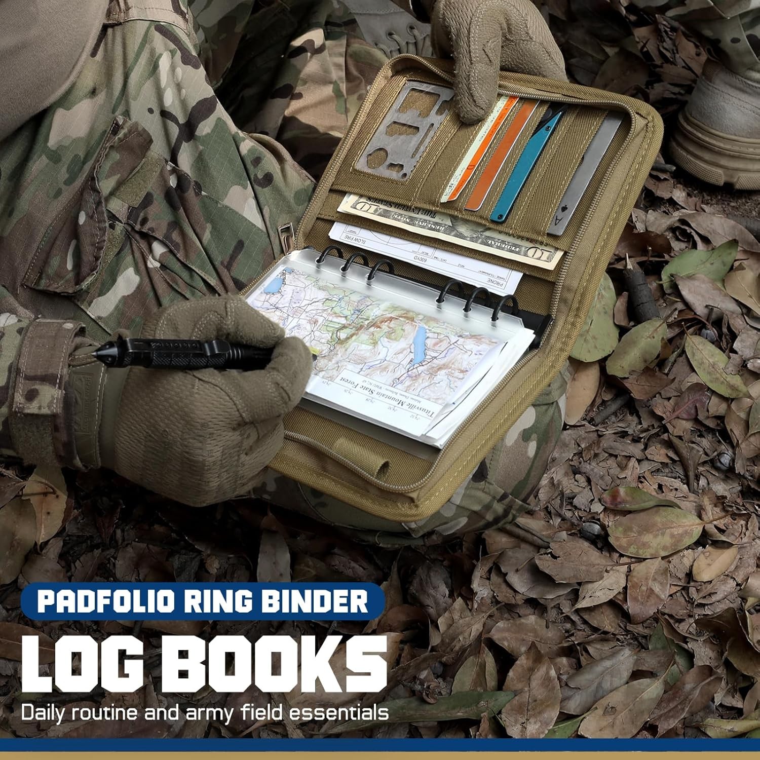 WYNEX Tactical Notebook Padfolio Ring A6（5.5 x 8.5 Inches), Khaki