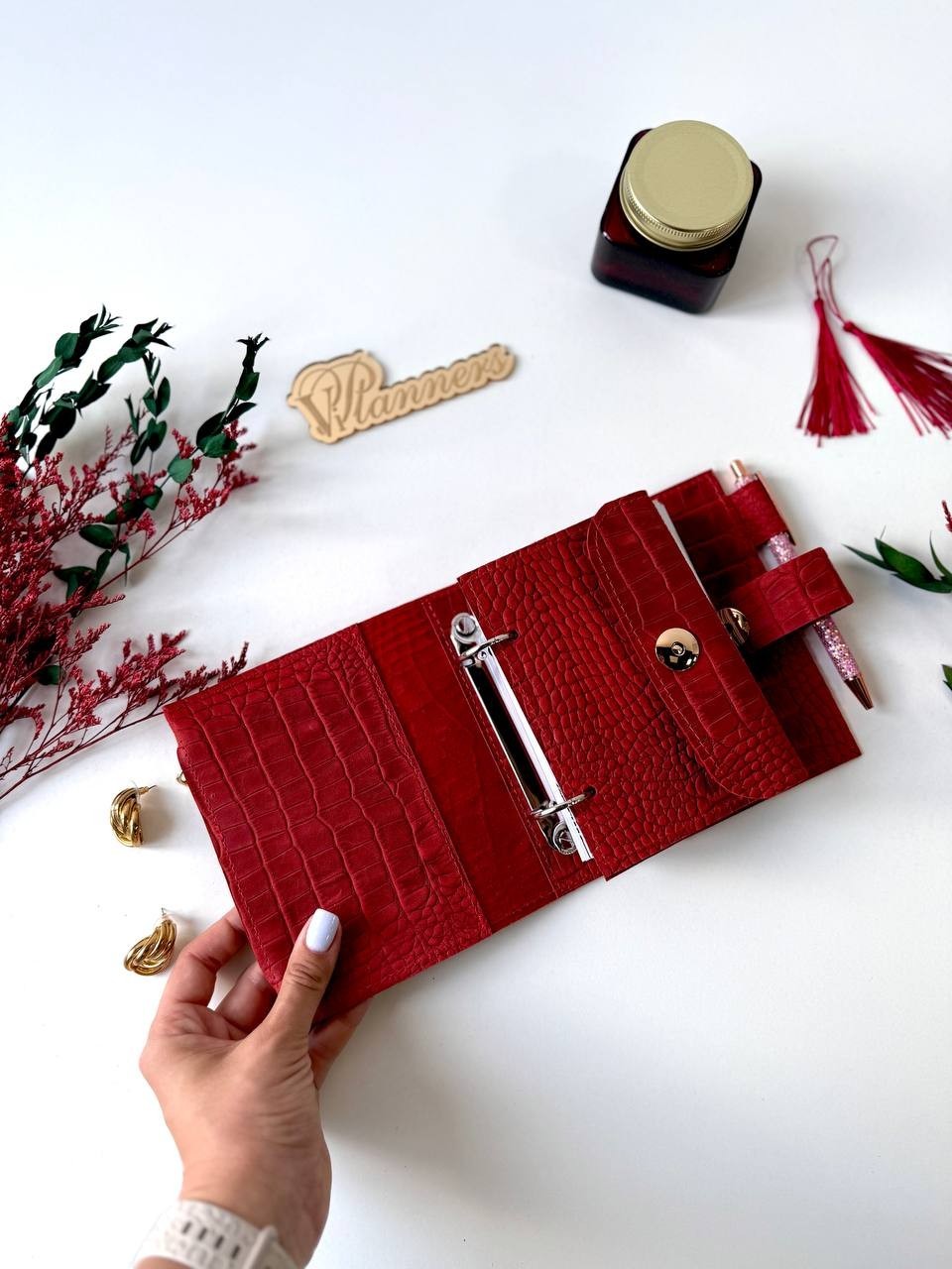 Mini red leather notebook-wallet cover A7 Big rings mini wallet. Mini Planner.