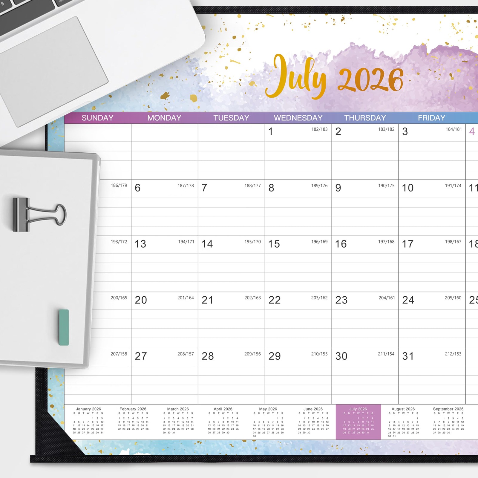 Desk Calendar 2026-2027 – 22″ x 17″, Multicolor Waterink