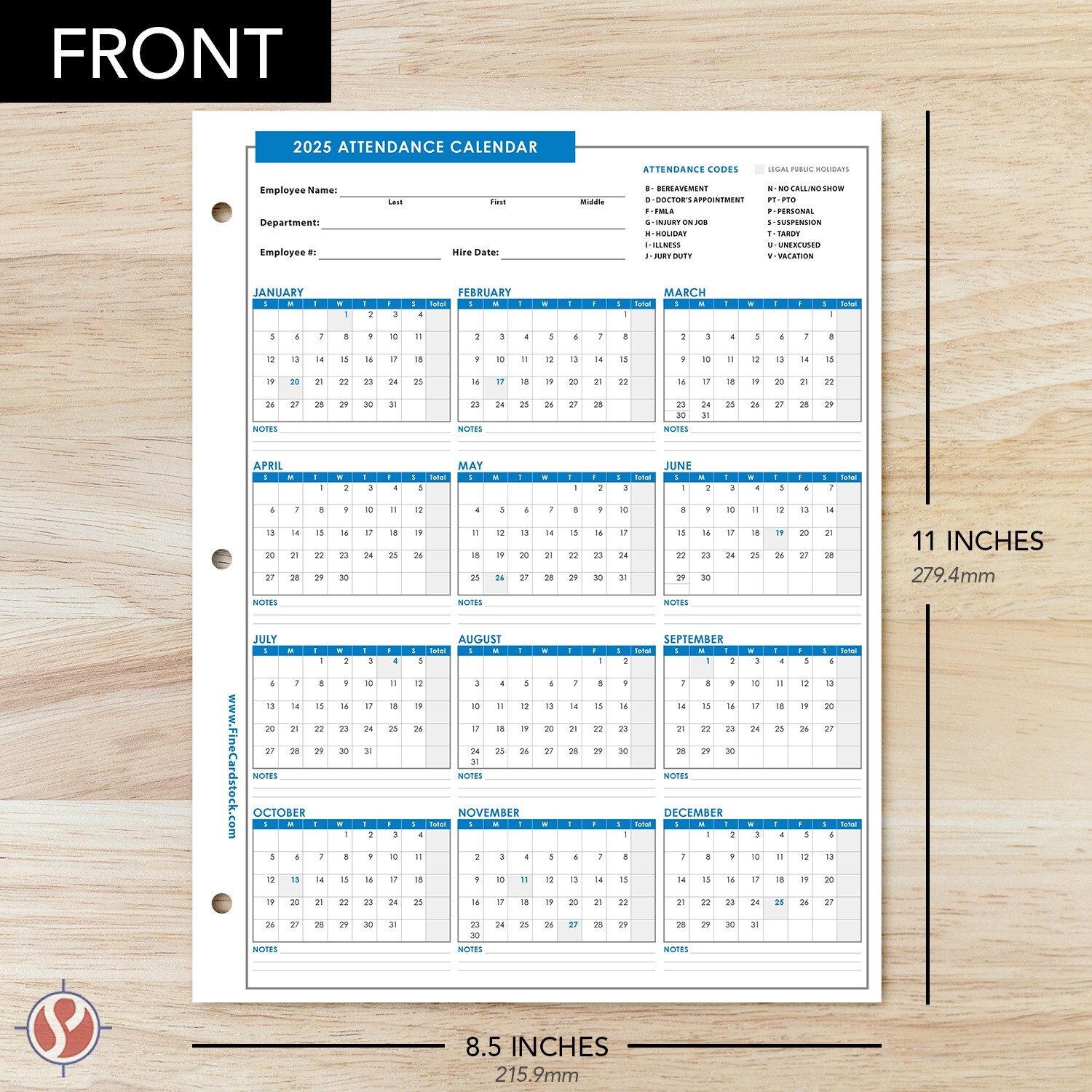 2025 Attendance Calendar Cardstock, Employee Work Tracker, 8.5 x 11, 25 Qty