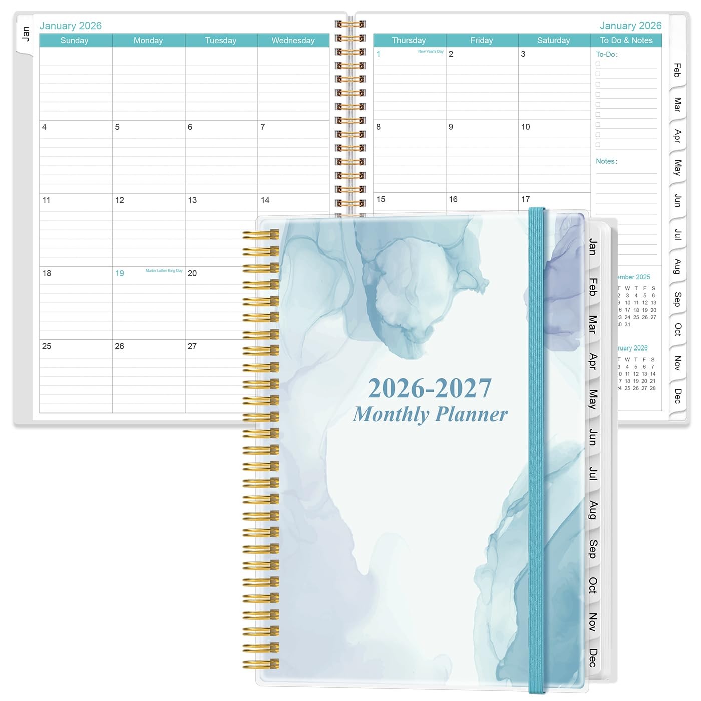 2026-2027 Monthly Planner – 18 Calendar, 9″ x 11″, Blue Watercolor