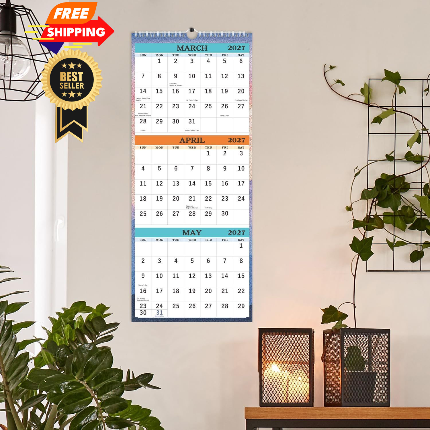 2026-2027 Wall Calendar – April 2026 – July 2027, 3-Month Large, White